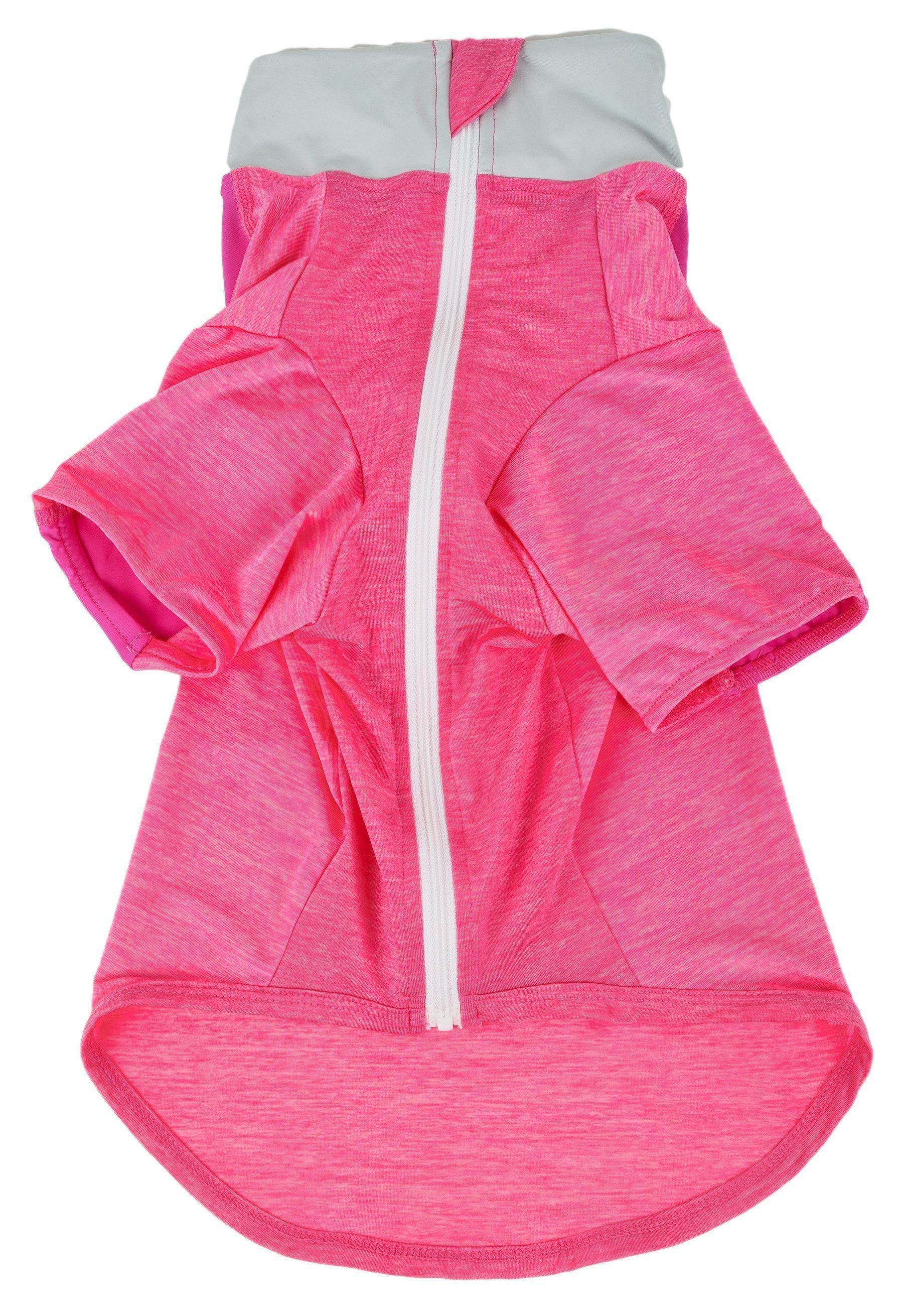 Light pink heather dog long-sleeve T-shirt with front zipper and hood