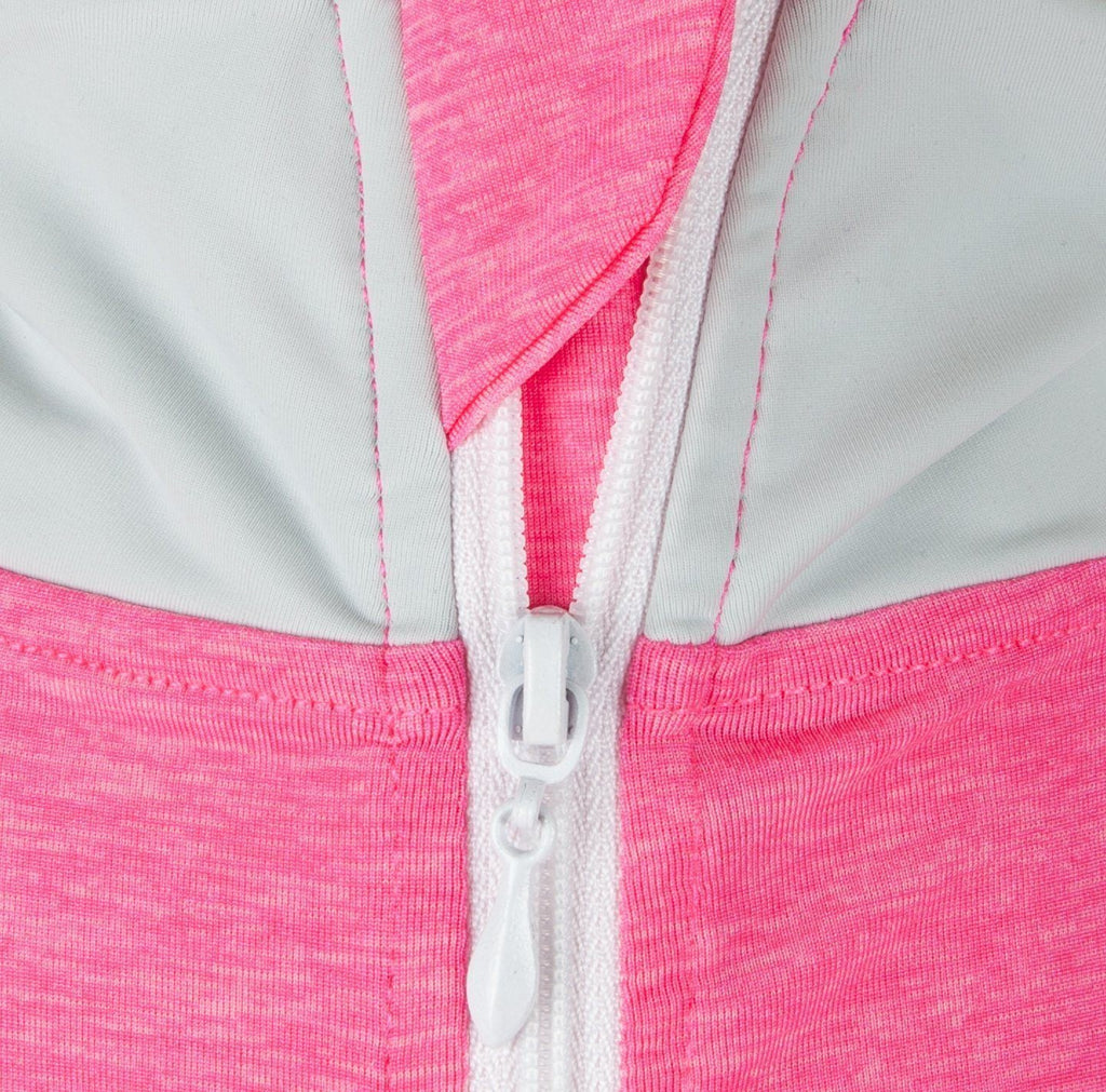 Pink heather dog long-sleeve T-shirt with white-lined zipper and pullover collar
