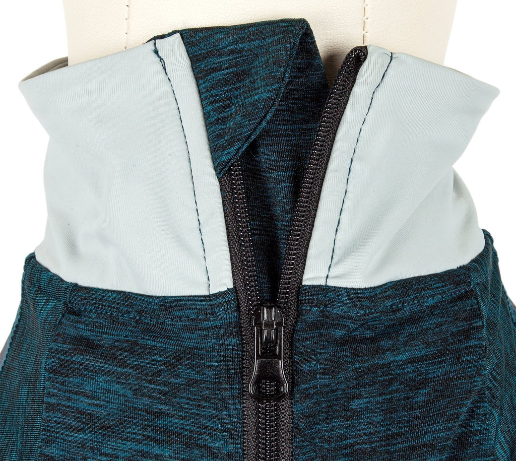Dark teal heather dog long-sleeve T-shirt with black zipper and white-lined neck