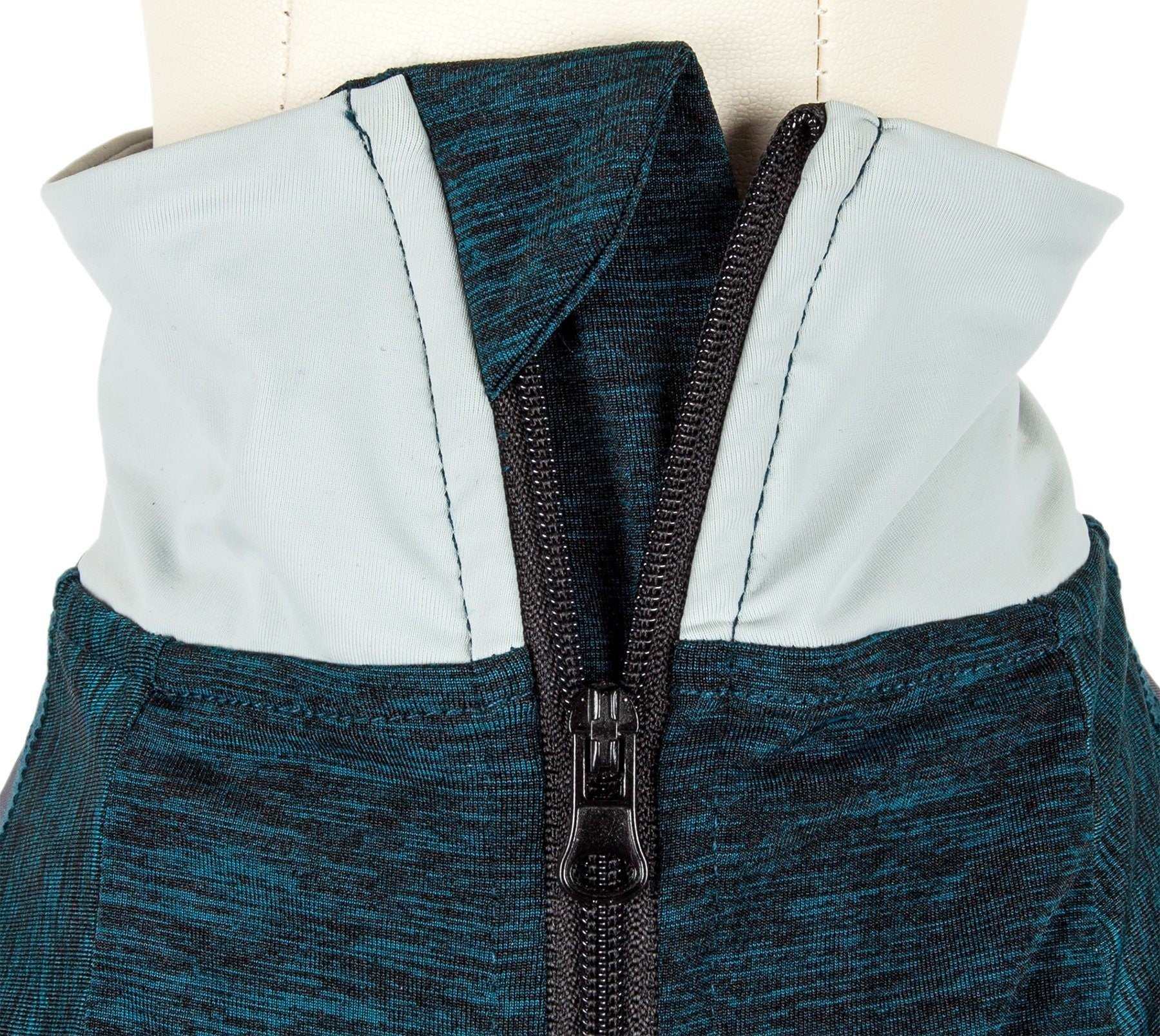 Dark teal heather dog long-sleeve T-shirt with black zipper and white-lined neck