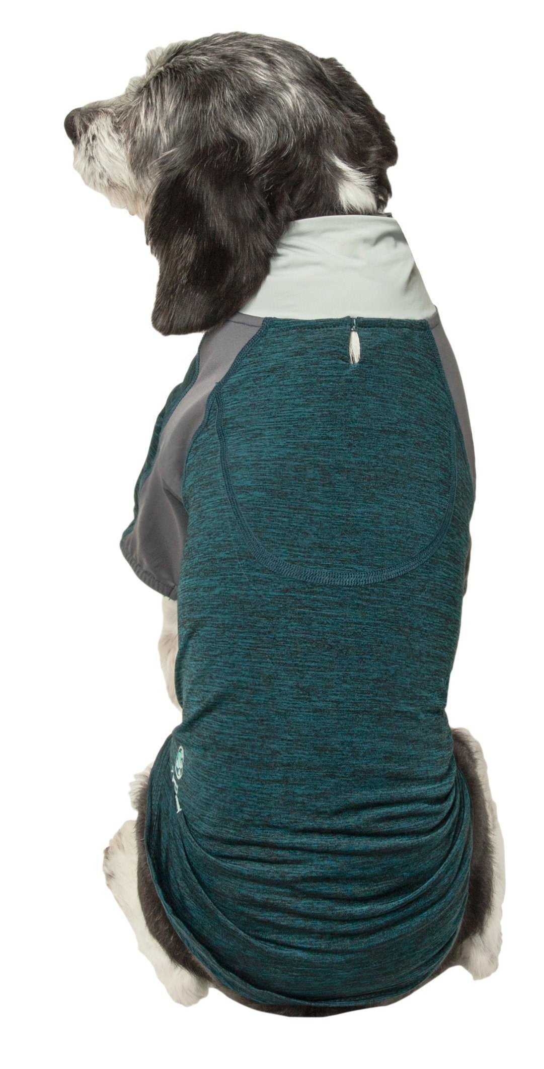 Teal long-sleeve dog shirt, back view with pocket seam and small drawstring loop