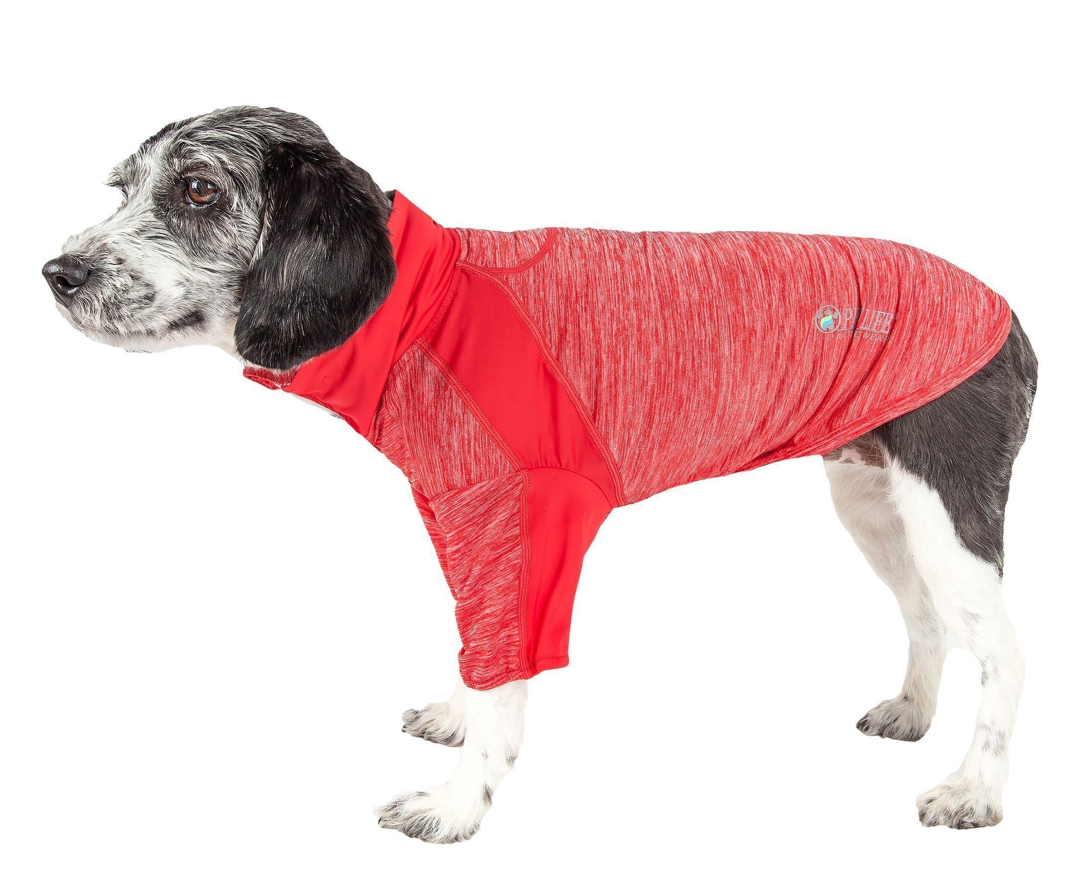 Red long-sleeve 4-way stretch dog yoga T-shirt with contrast side paneling