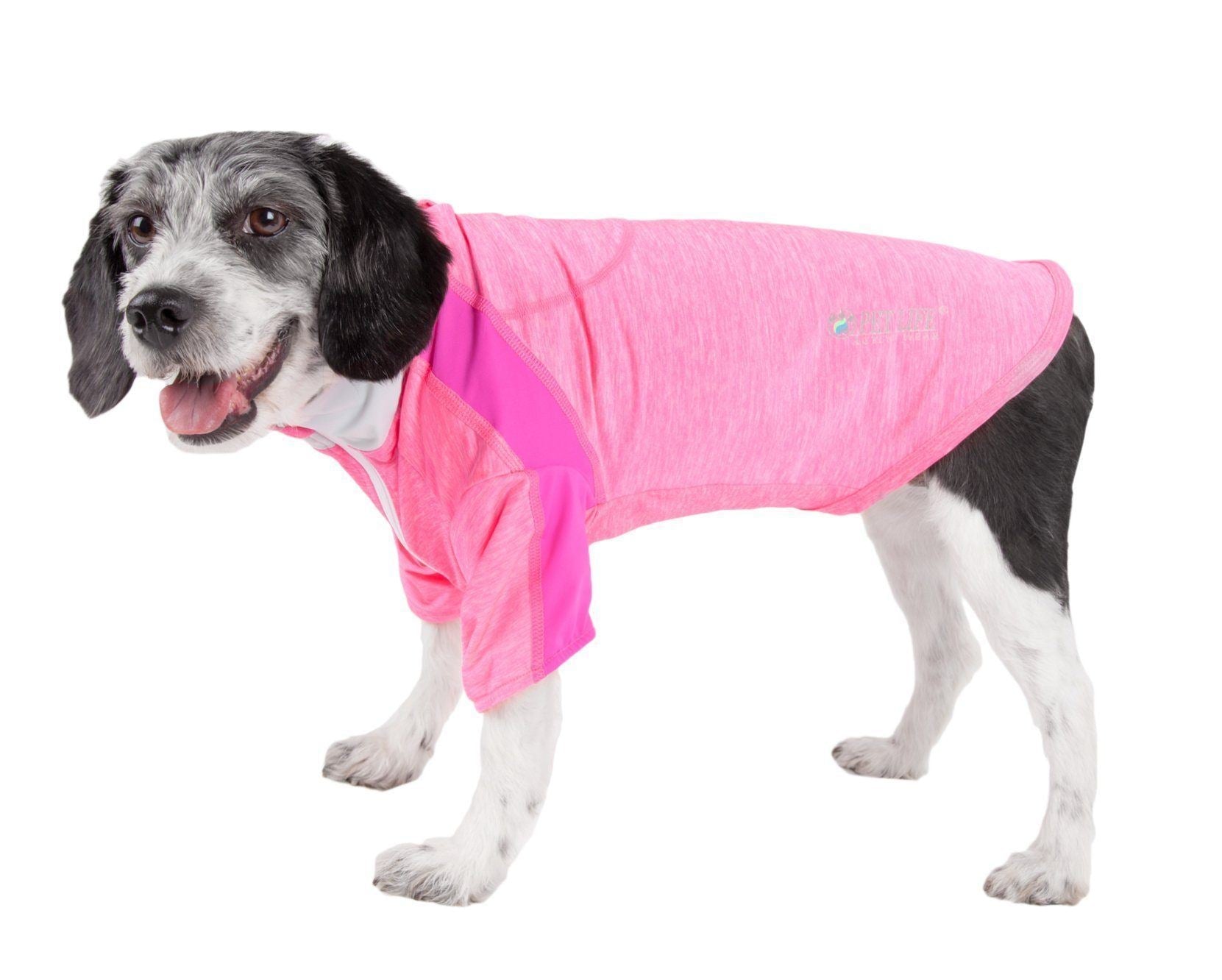 Light pink long-sleeve 4-way stretch dog yoga T-shirt with contrast seam panels