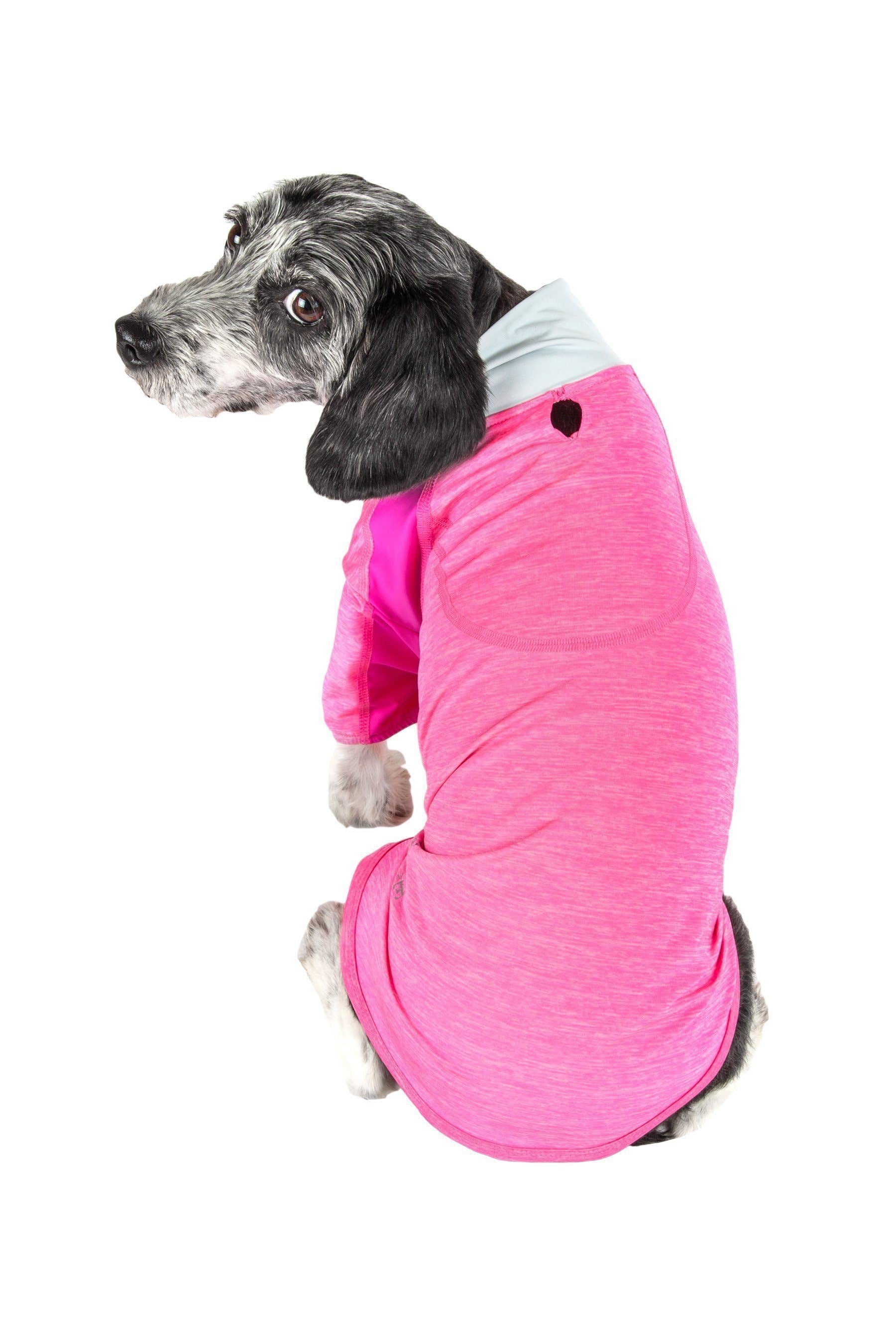 Pink long-sleeve dog yoga shirt, side view with black button detail on back