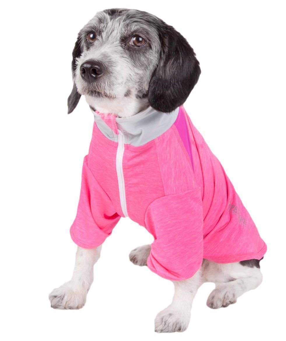 Pink long-sleeve zip-up dog yoga shirt with white zipper trim, fitted stretch look