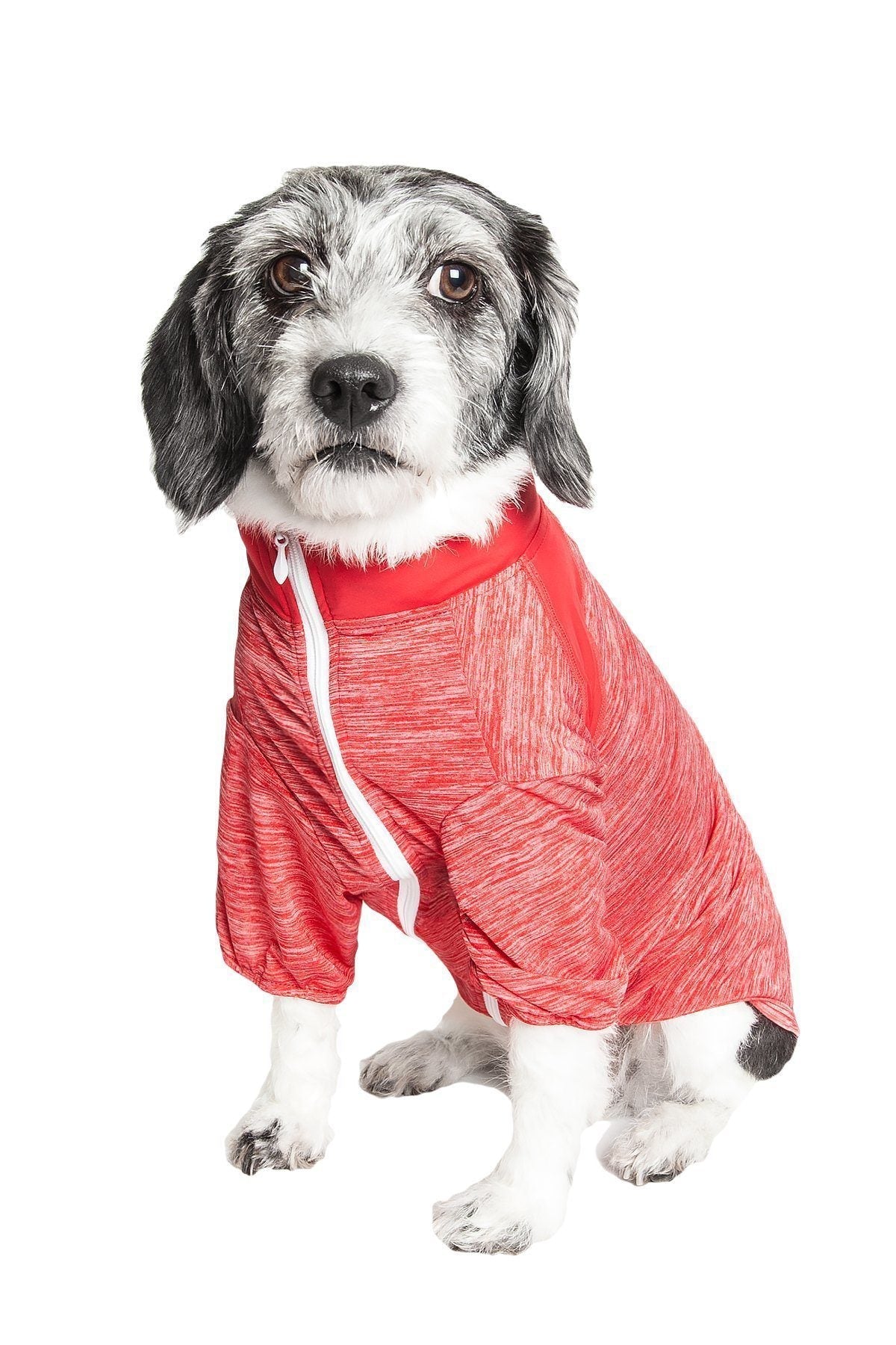 Red long-sleeve zip-up dog yoga shirt with white zipper trim and heather texture