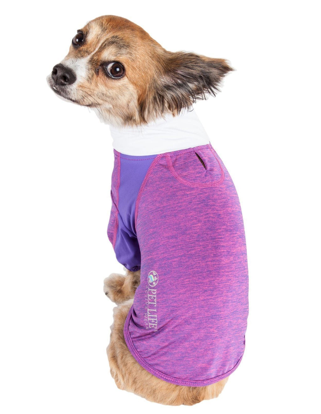Purple heather long-sleeve dog shirt with pink side panel, fitted pullover style