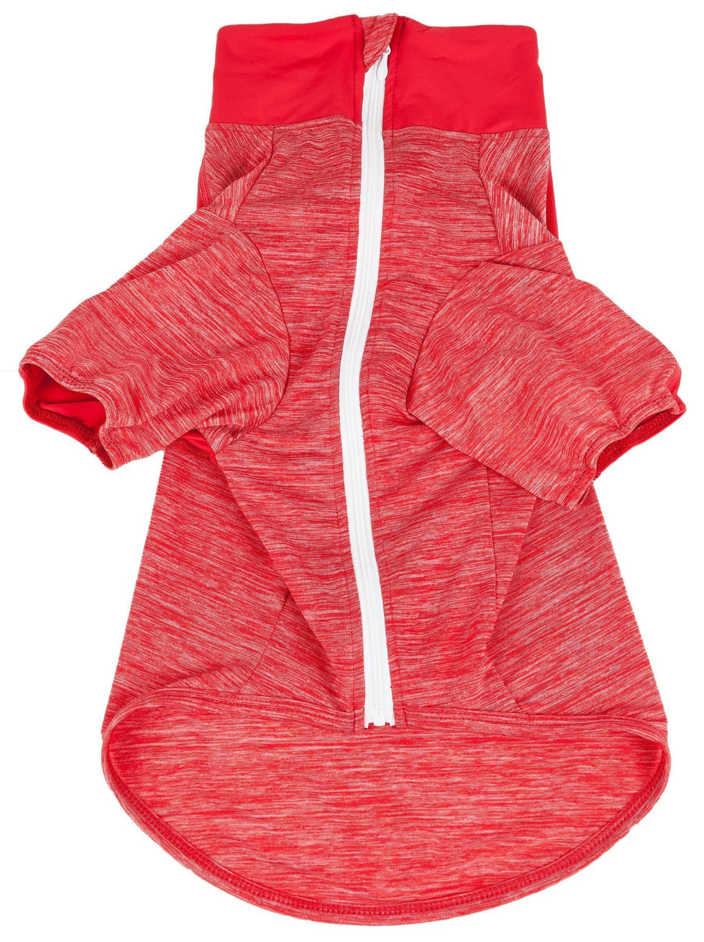 Red heather long-sleeve dog yoga T-shirt with full-length front zipper and white trim