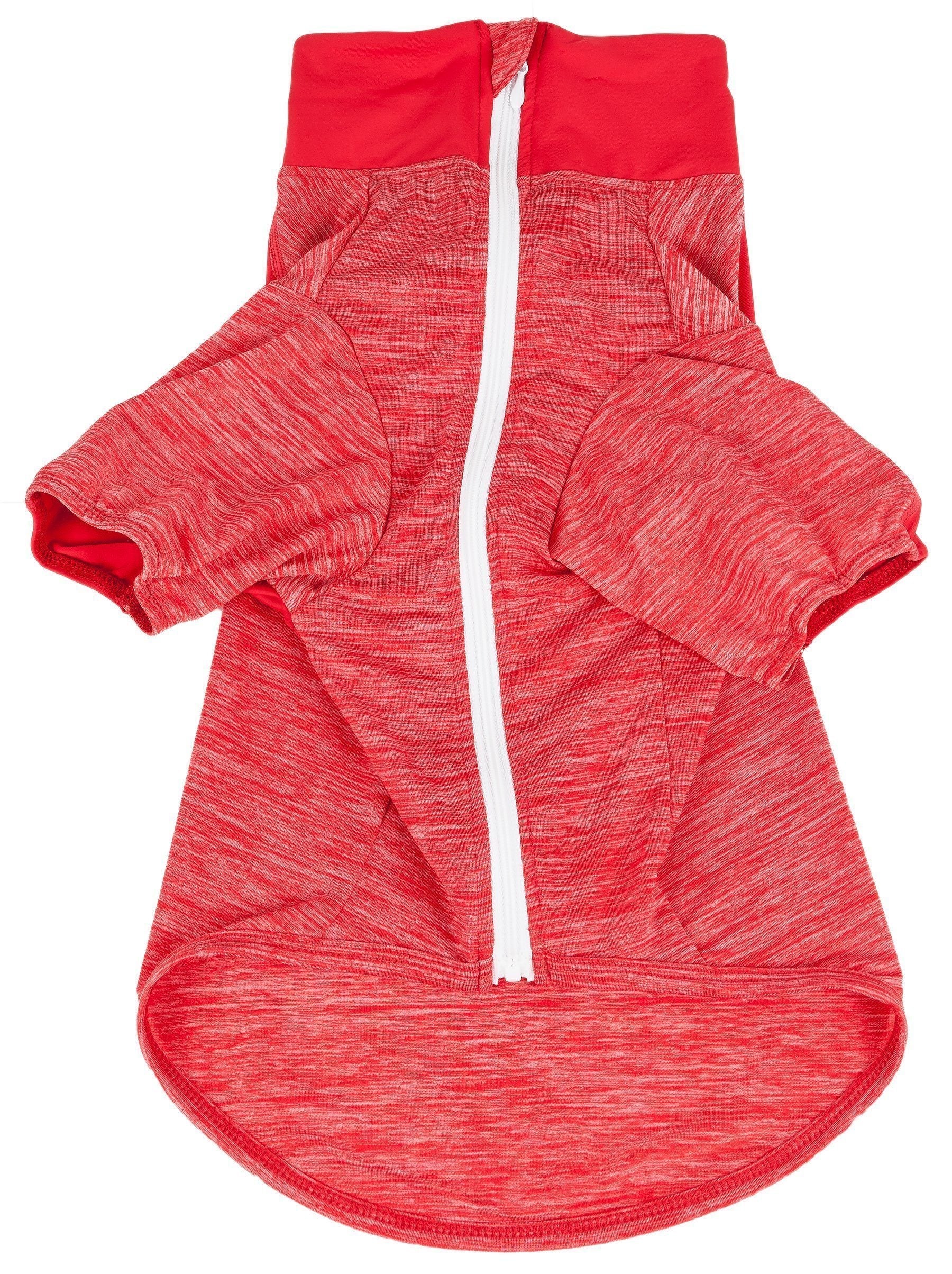 Red heather long-sleeve dog yoga T-shirt with full-length front zipper and white trim