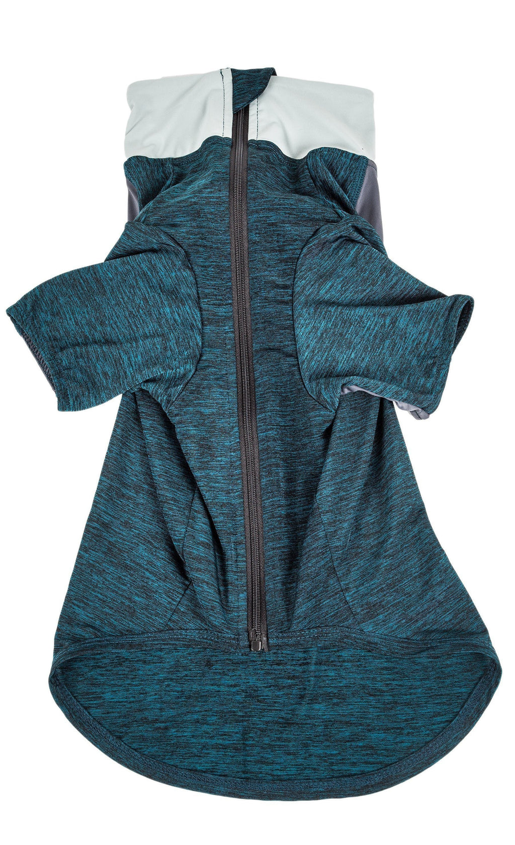 Teal heather long-sleeve dog fitness shirt with front zipper and hood-like neck