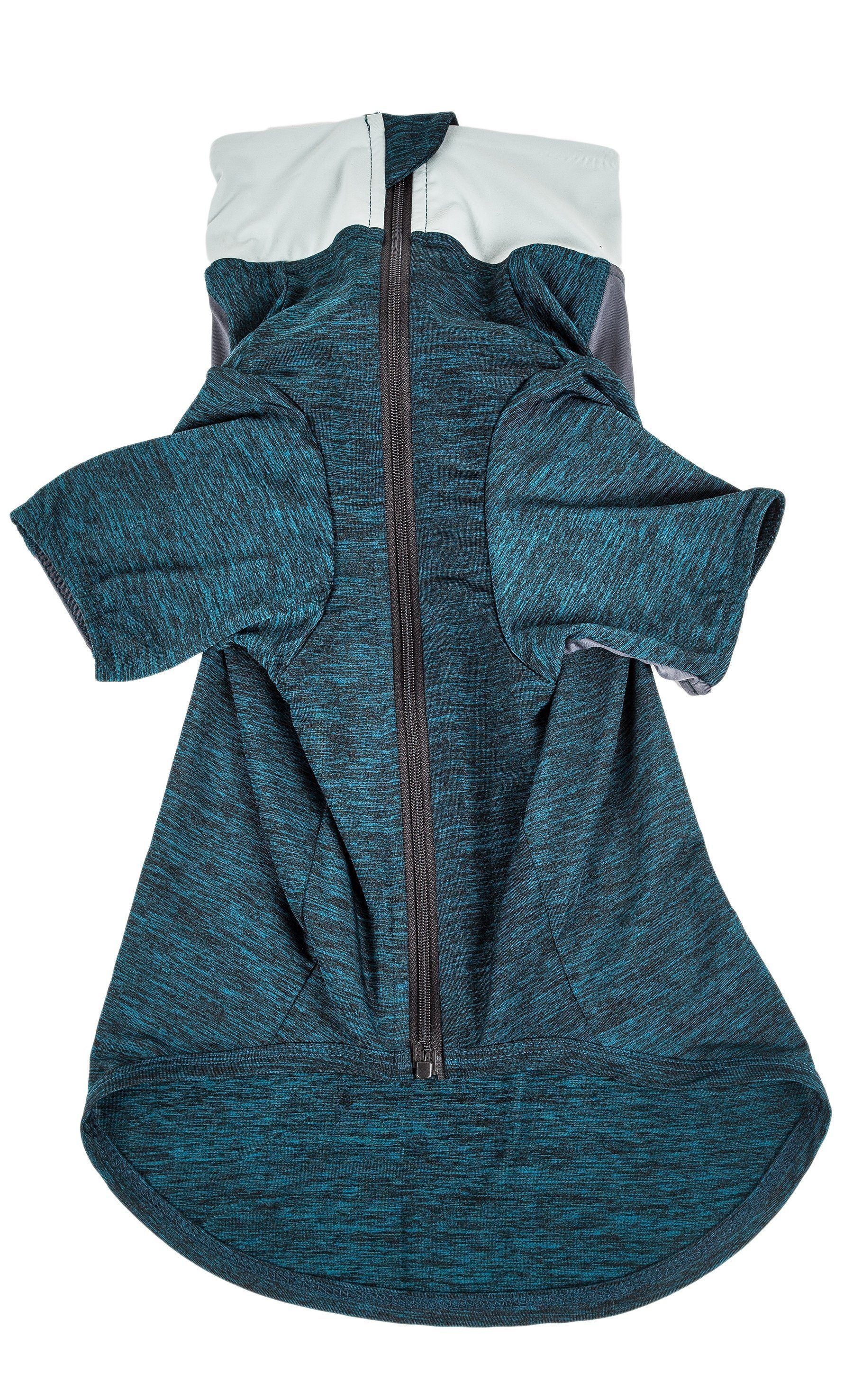 Teal heather long-sleeve dog fitness shirt with front zipper and hood-like neck
