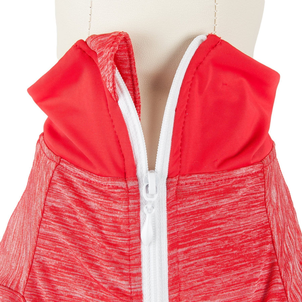Red heather dog long-sleeve T-shirt with white-trimmed zipper and angled shoulders