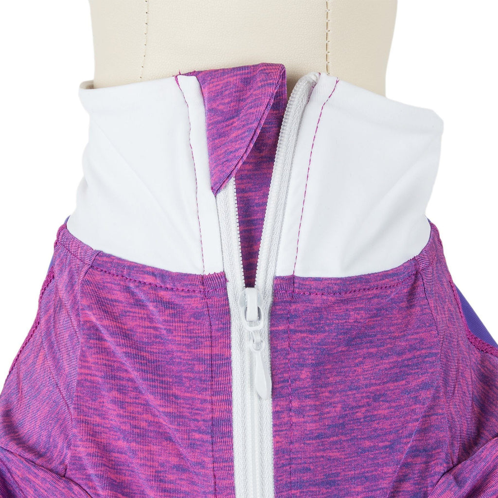 Lavender heather dog long-sleeve T-shirt with white-lined zipper front and side panels