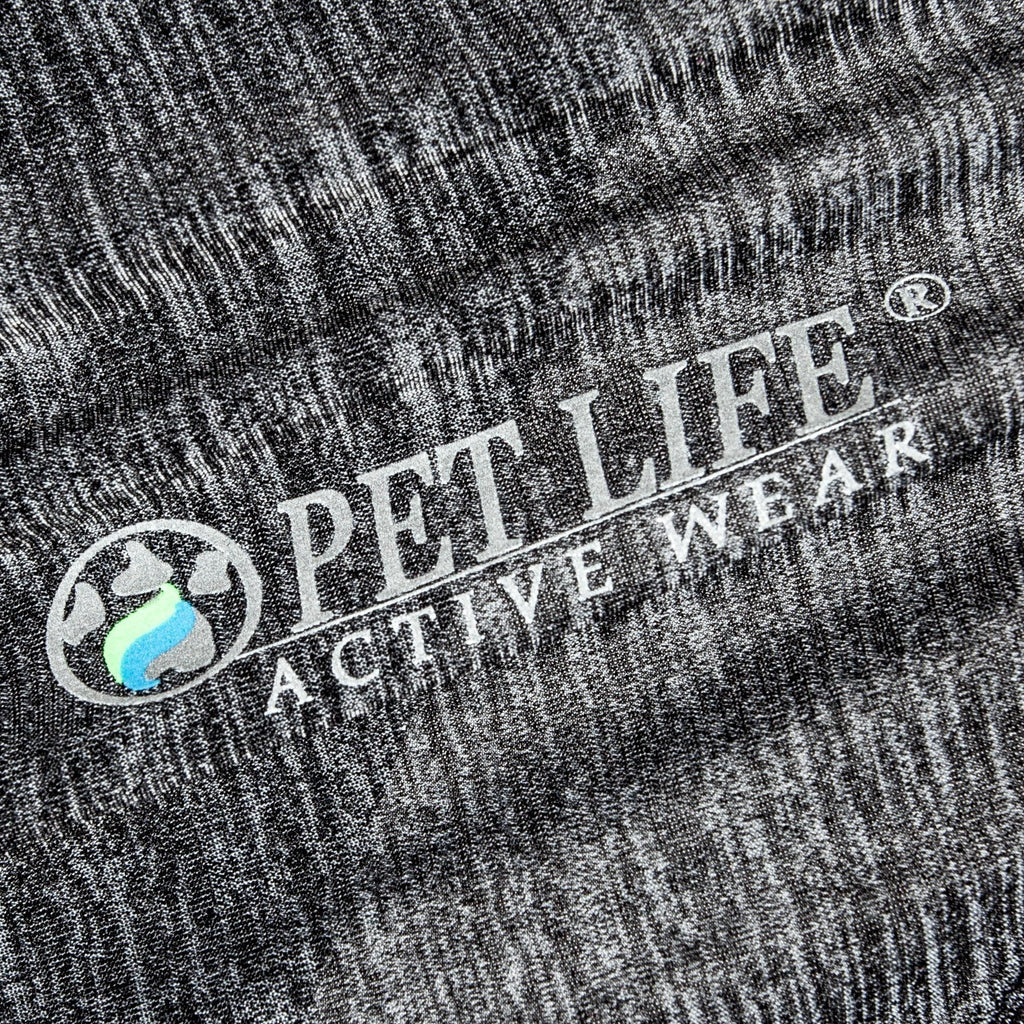 Dark gray/black fabric close-up with printed logo on dog yoga T-shirt