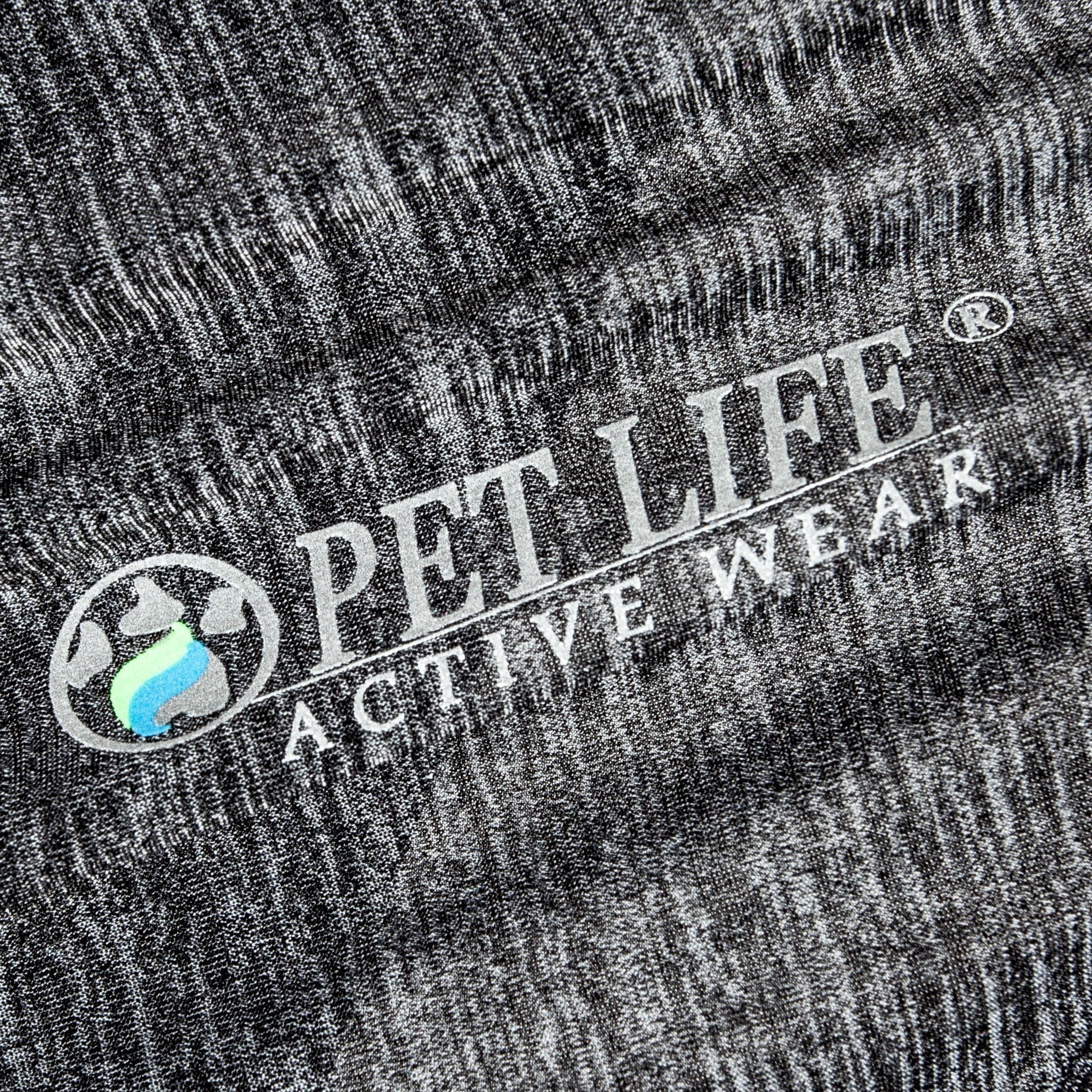Dark gray/black fabric close-up with printed logo on dog yoga T-shirt