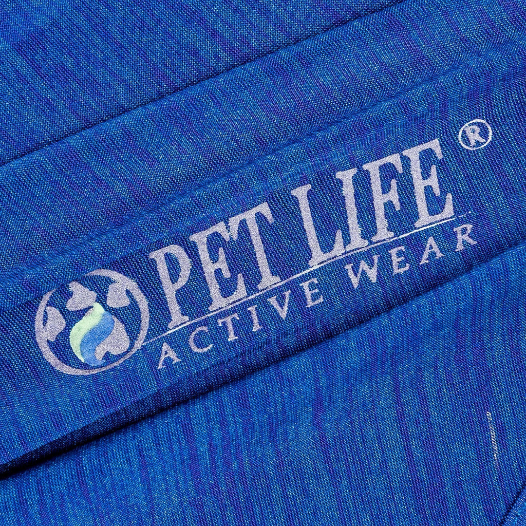 Blue fabric close-up with printed logo on dog yoga T-shirt