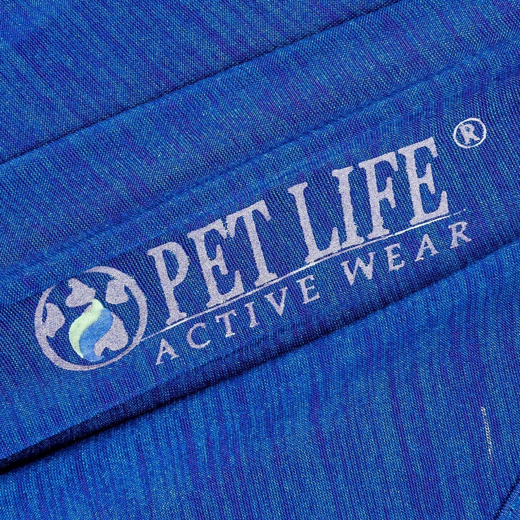 Blue fabric close-up with printed logo on dog yoga T-shirt