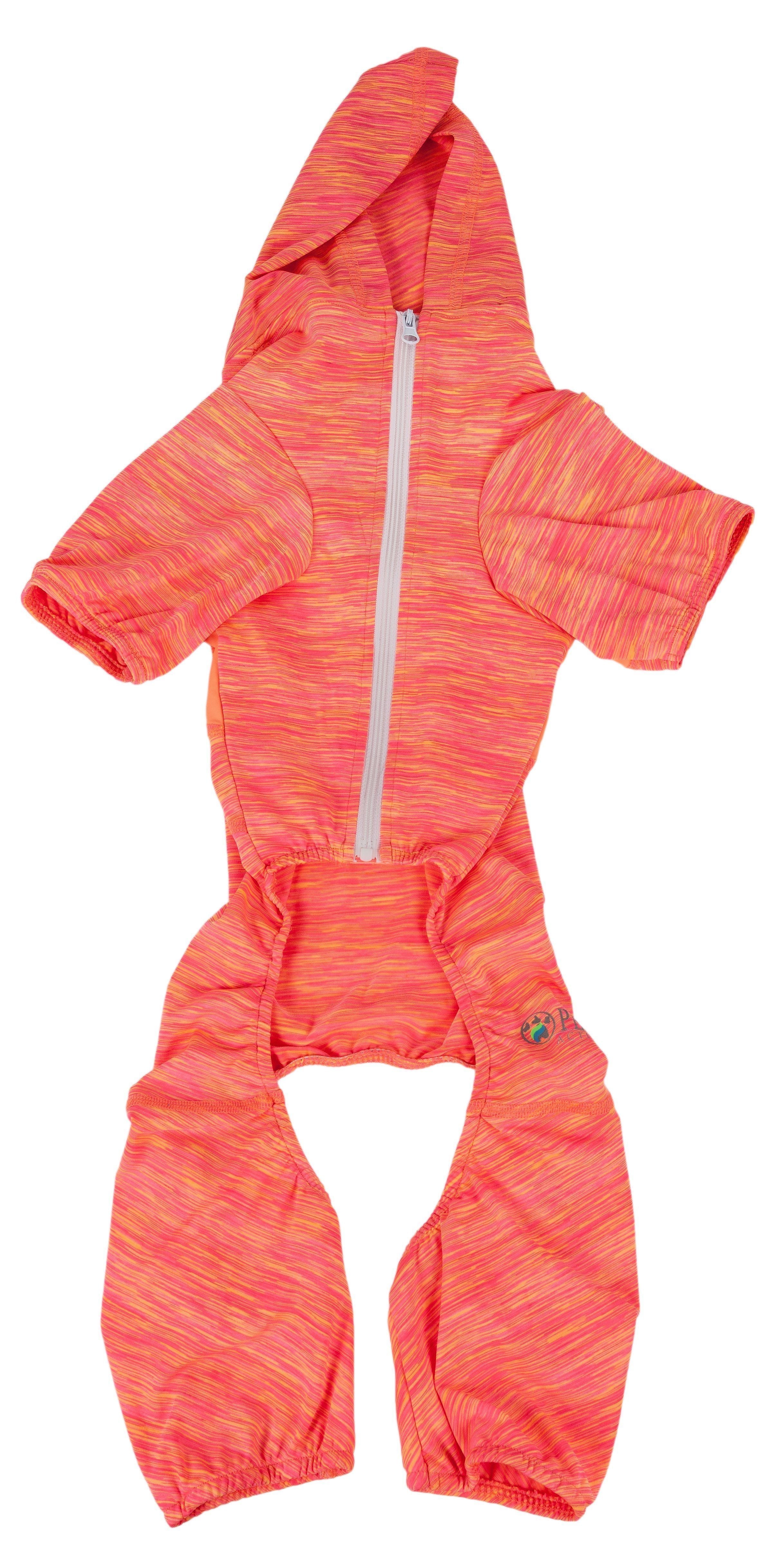 Orange heather dog jumpsuit hoodie with full-length zipper and belly pocket opening