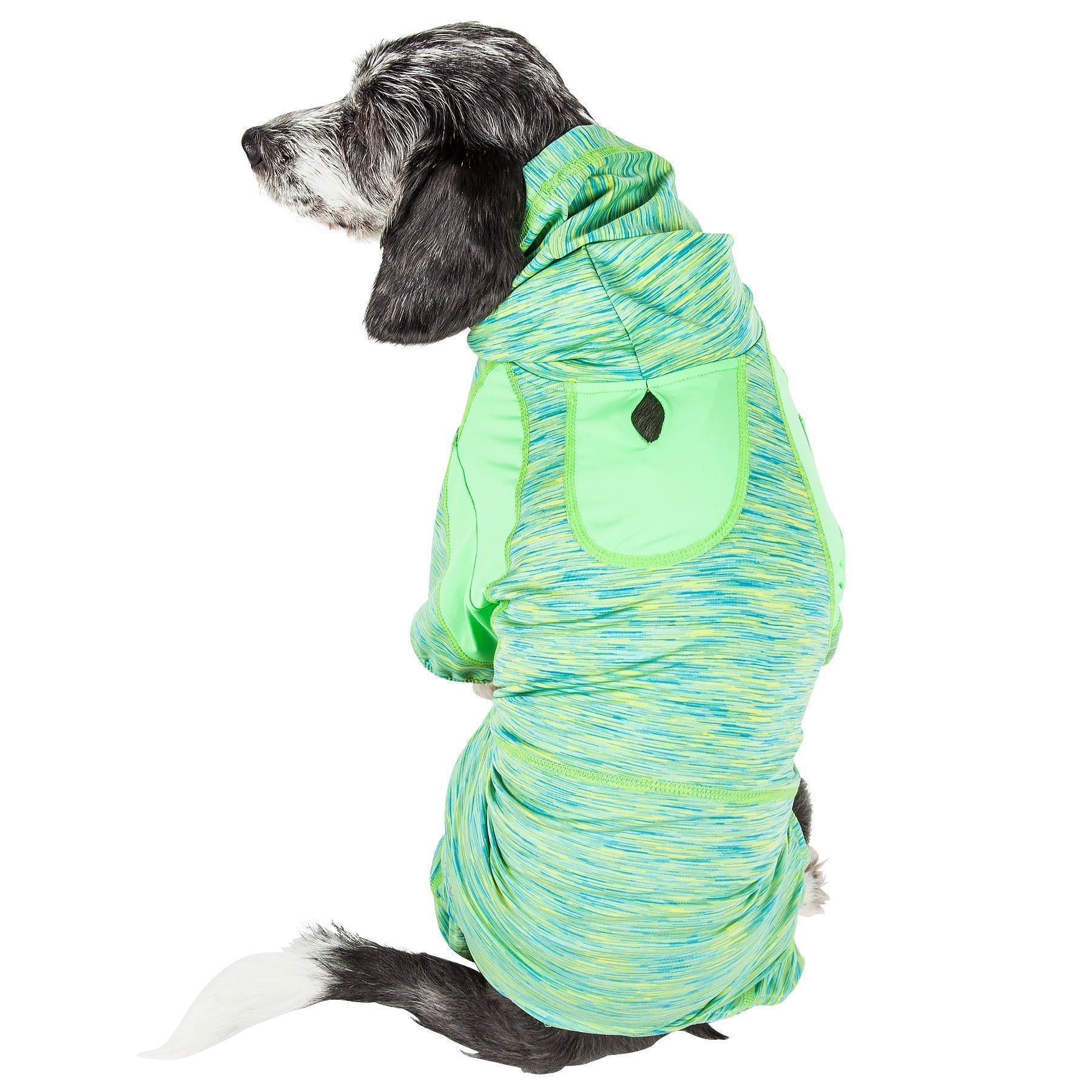 Green dog yoga hoodie tracksuit with hood opening and belly pouch front