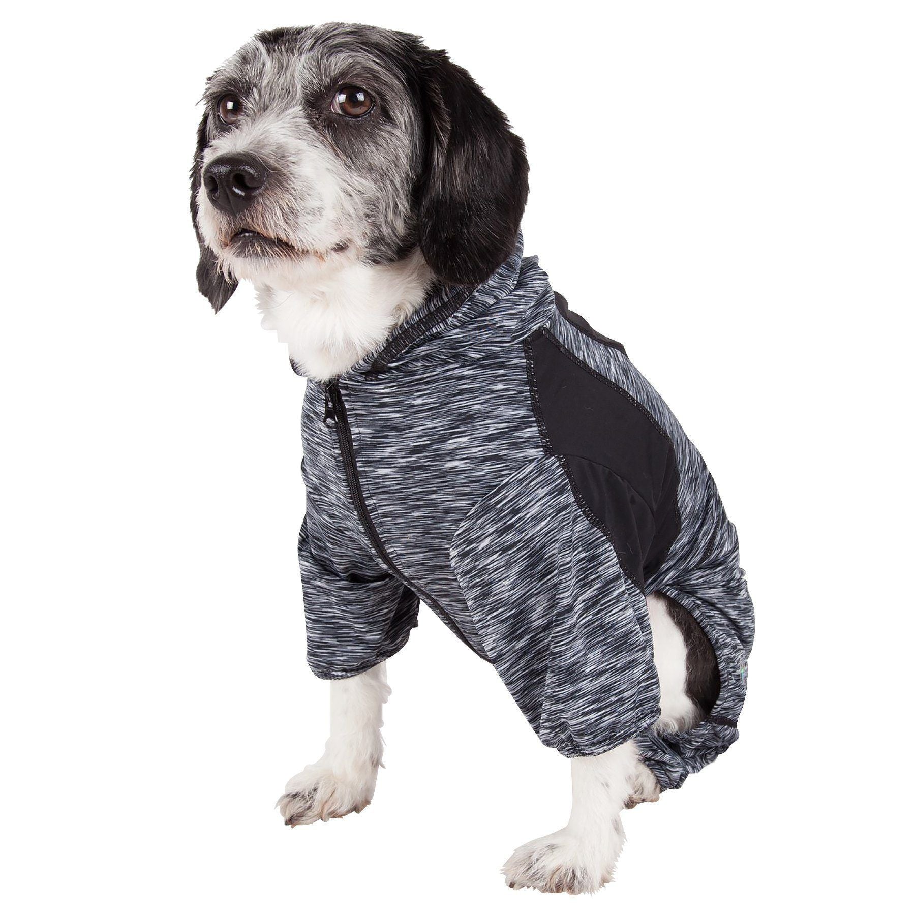 Black heather zip-front dog yoga hoodie tracksuit with contrast side panel