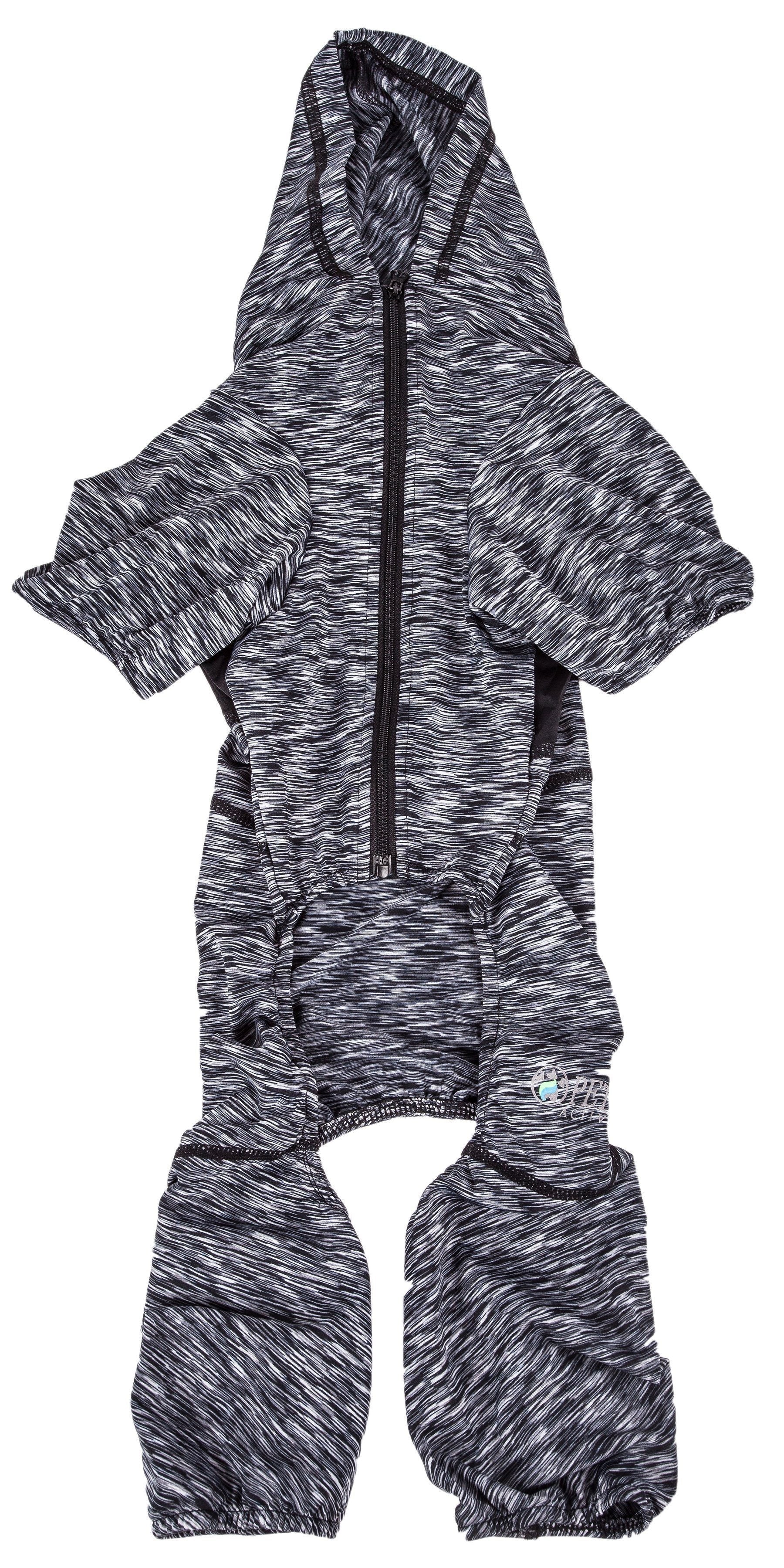Black heather dog one-piece hoodie with centered zipper and side paw sleeve openings