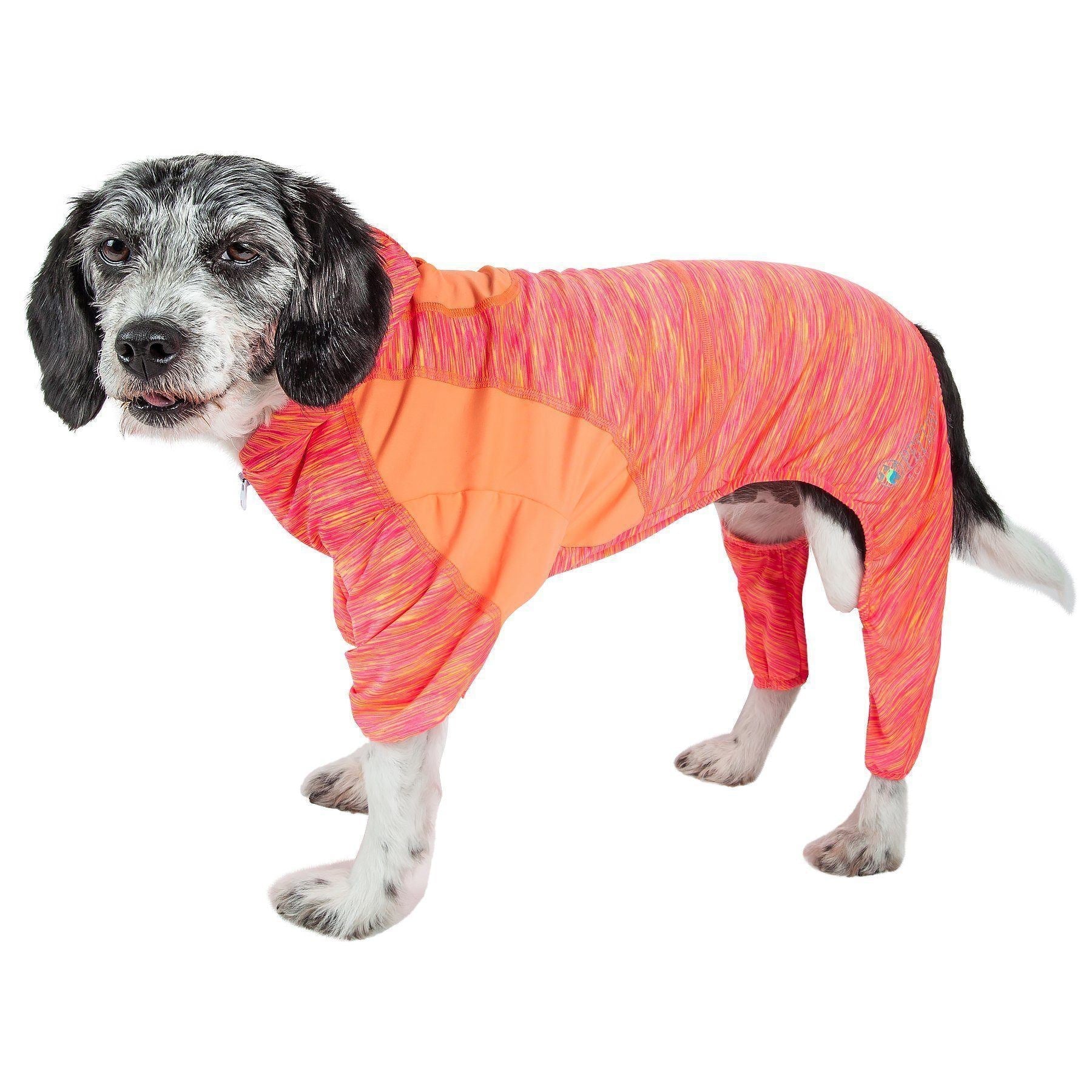 Dog yoga tracksuit hoodie in orange and pink heather stripe, stretchy pullover