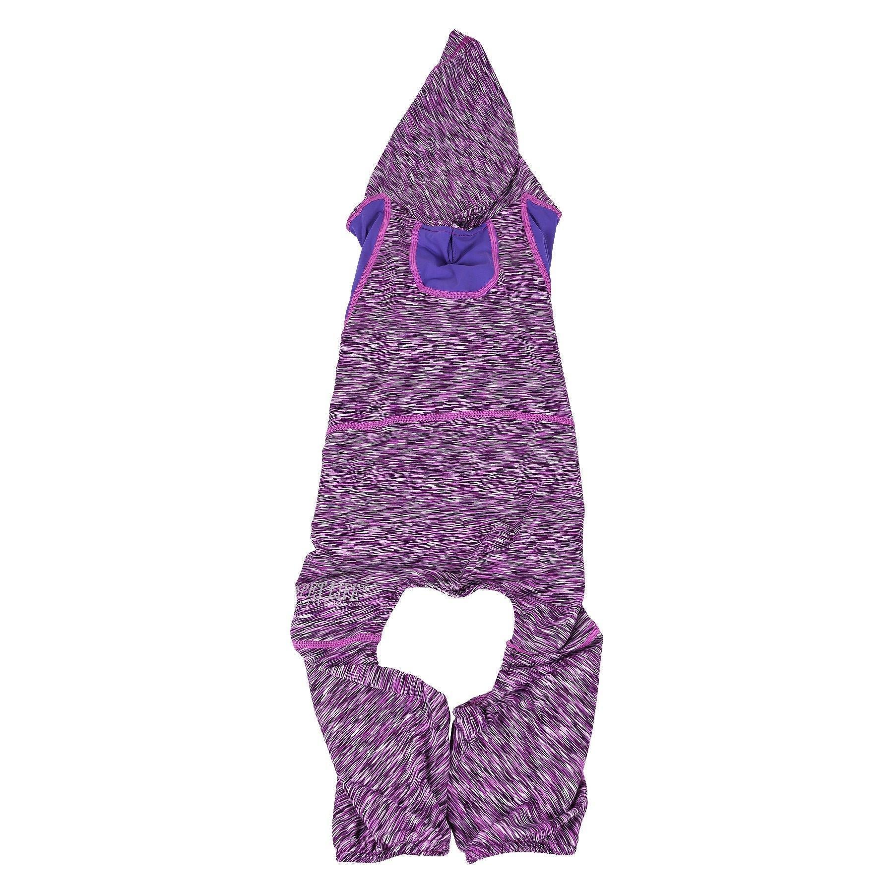 Purple heather dog tracksuit hoodie with purple accents and front paw cutout
