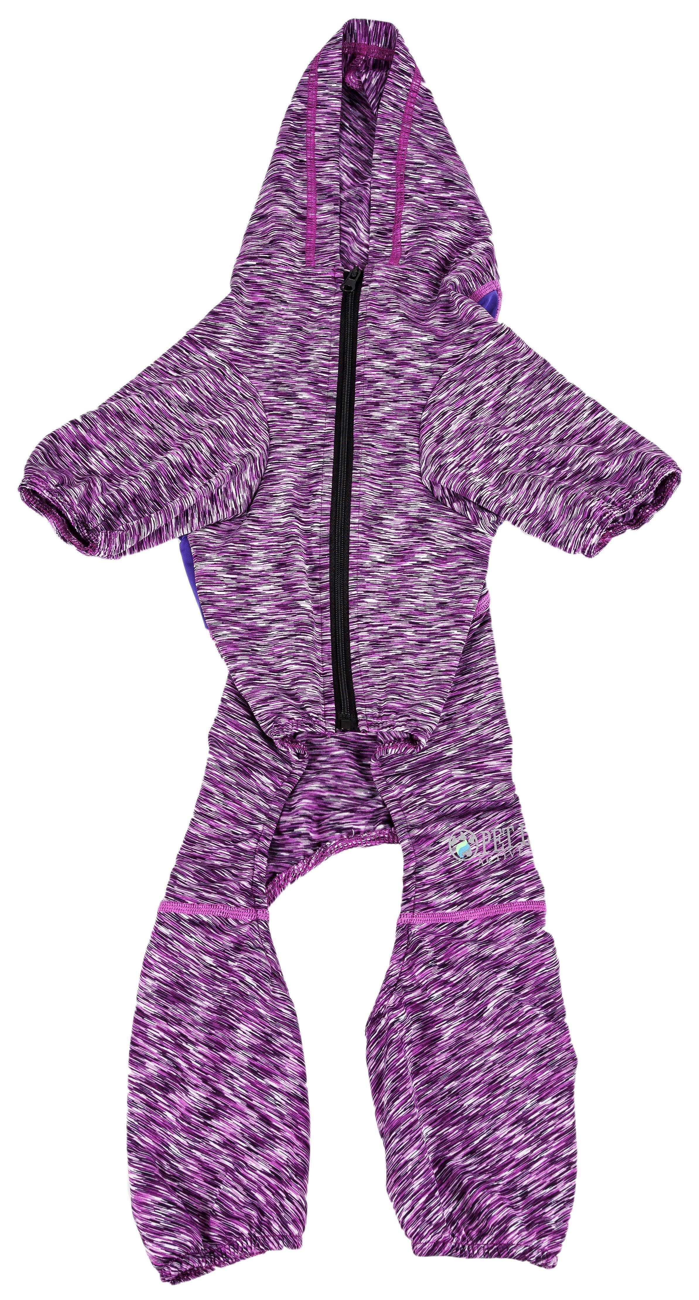 Purple heather dog one-piece hoodie with black zipper and raised hood drawcord tips