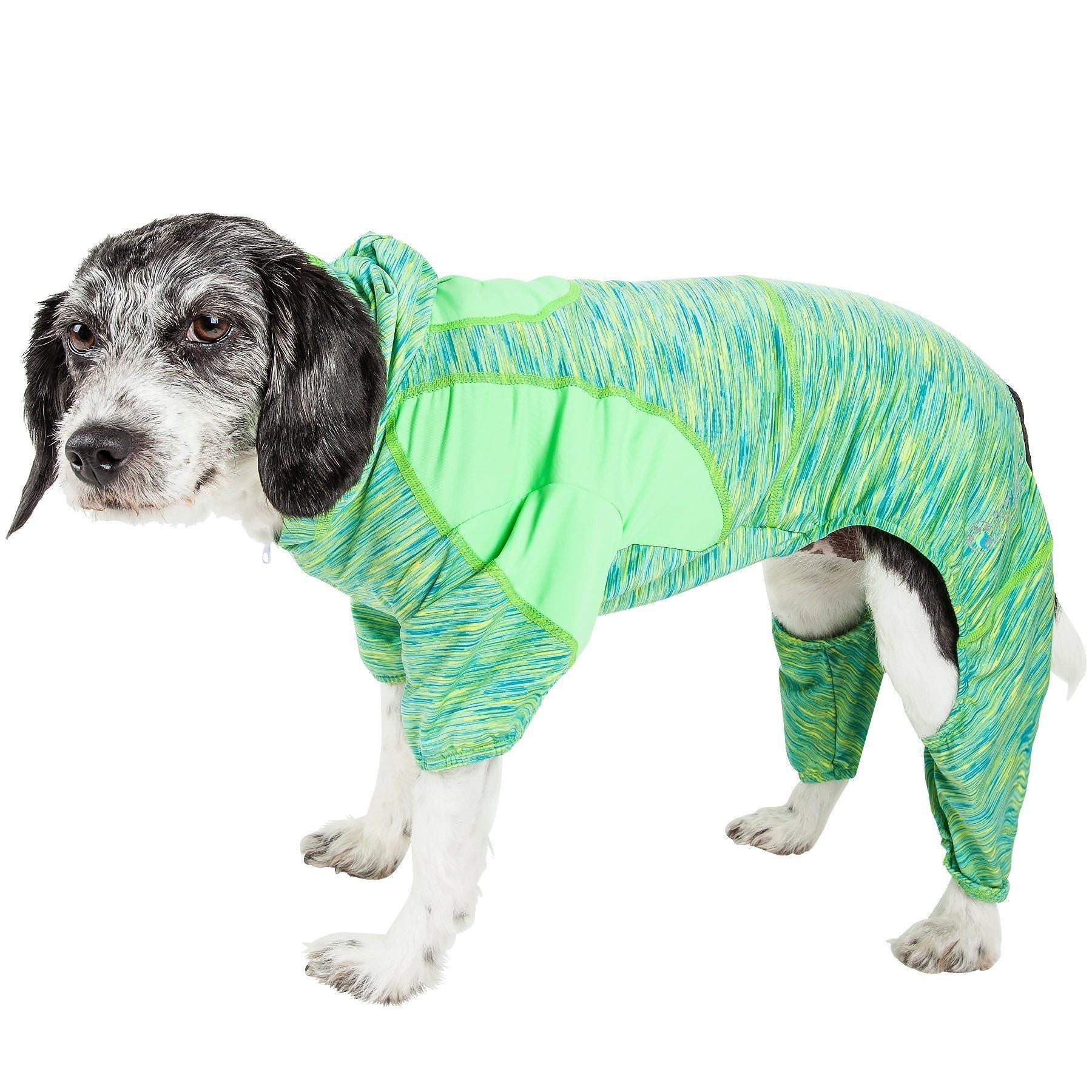Dog yoga tracksuit hoodie in green and teal heather stripe, stretch style