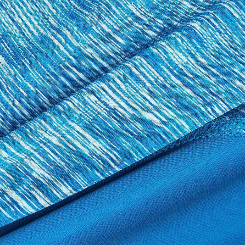 Close-up of blue heather stripe knit with contrast seam on dog yoga hoodie