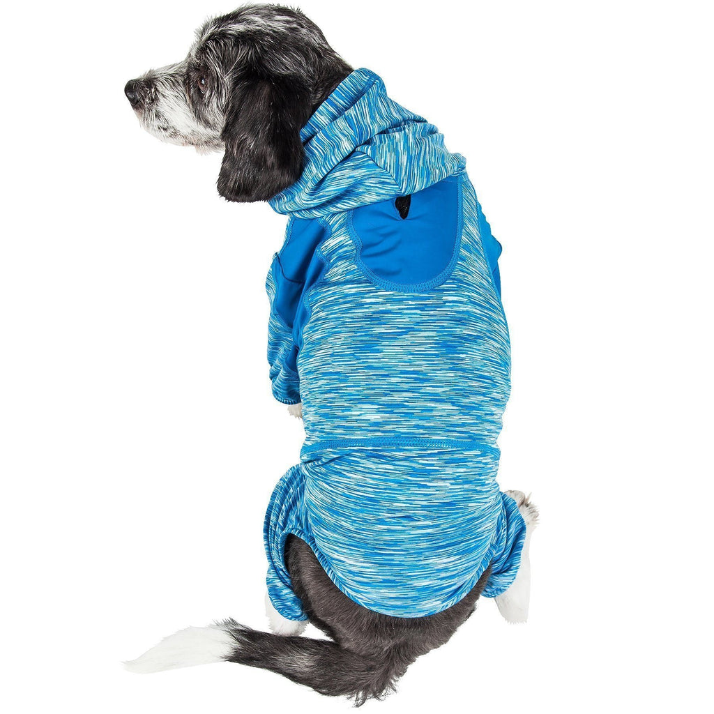 Blue dog yoga hoodie tracksuit with hood opening and belly pouch front
