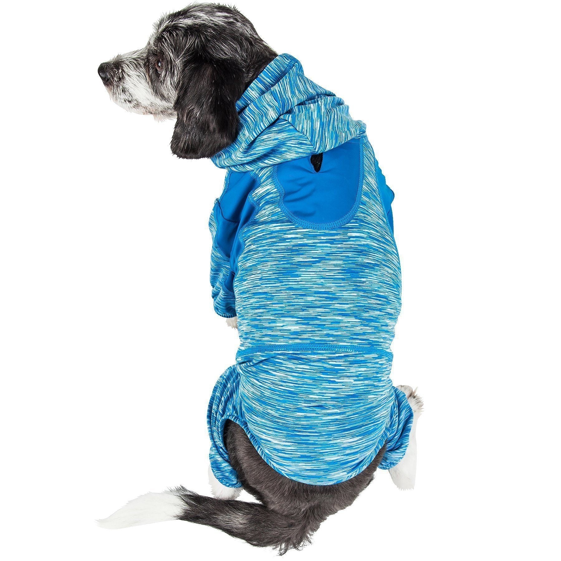 Blue dog yoga hoodie tracksuit with hood opening and belly pouch front