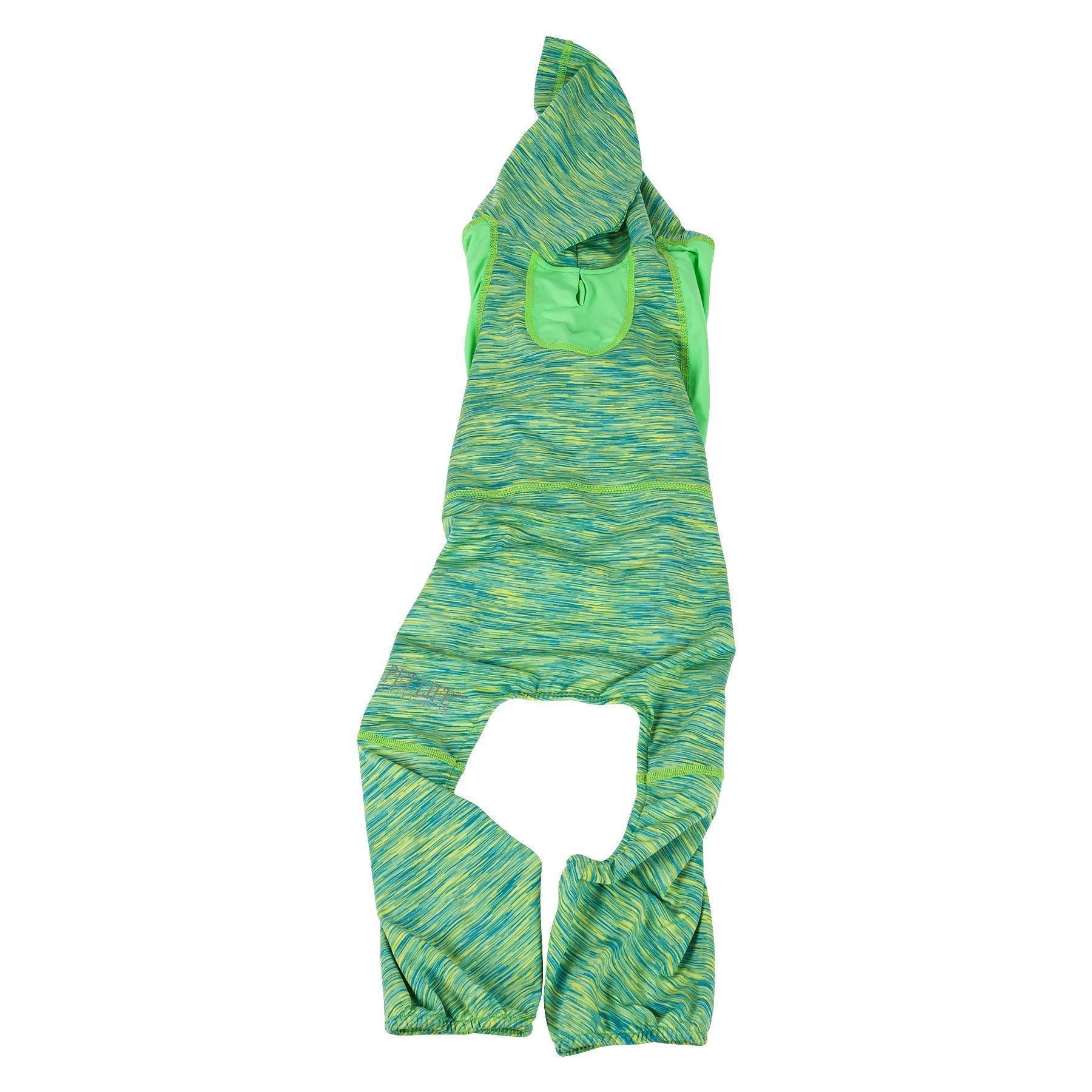 Green heather dog tracksuit hoodie with bright green hood and front paw cutout