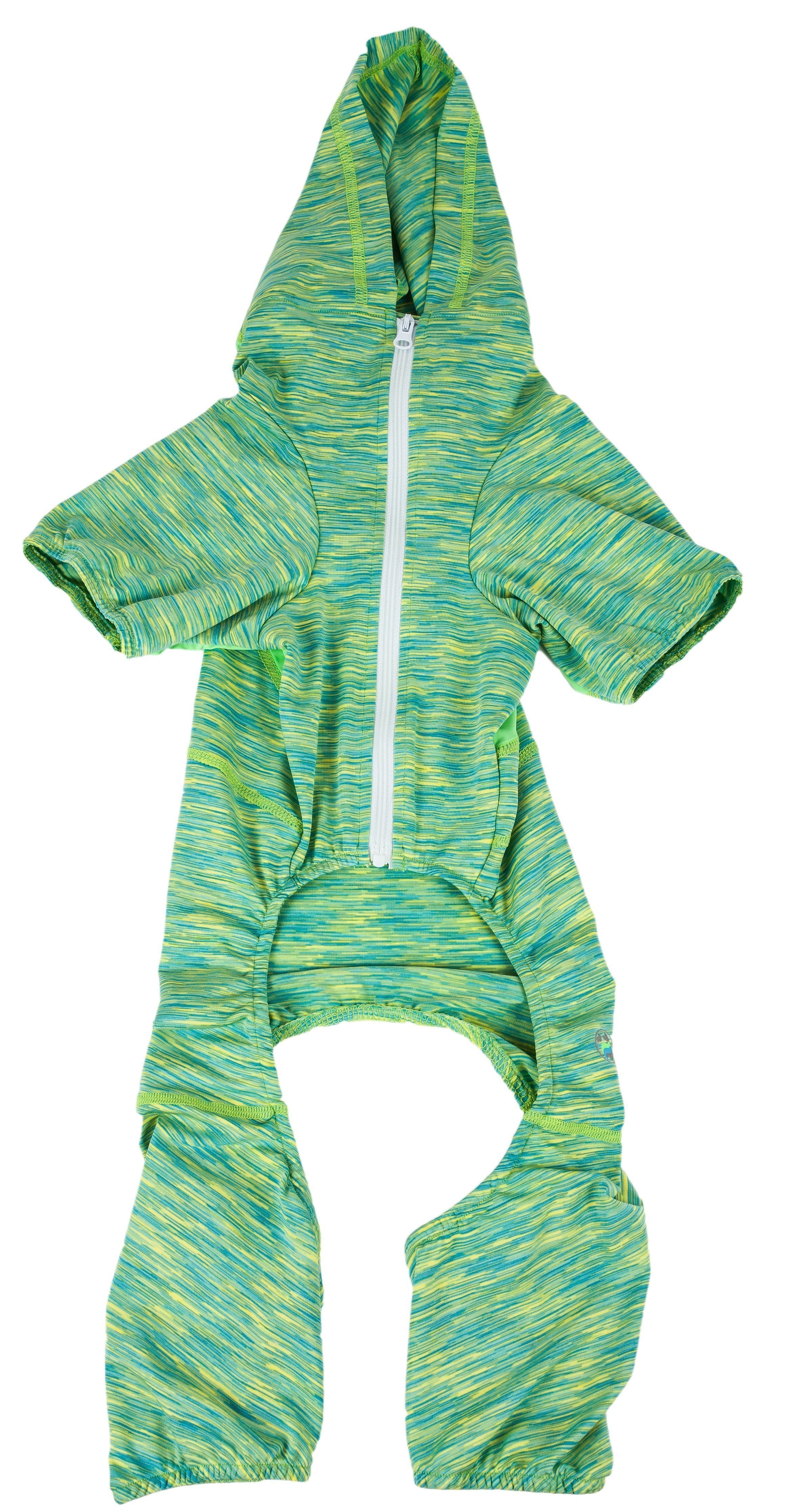 Green heather dog jumpsuit hoodie with full-length zipper and side paw sleeves