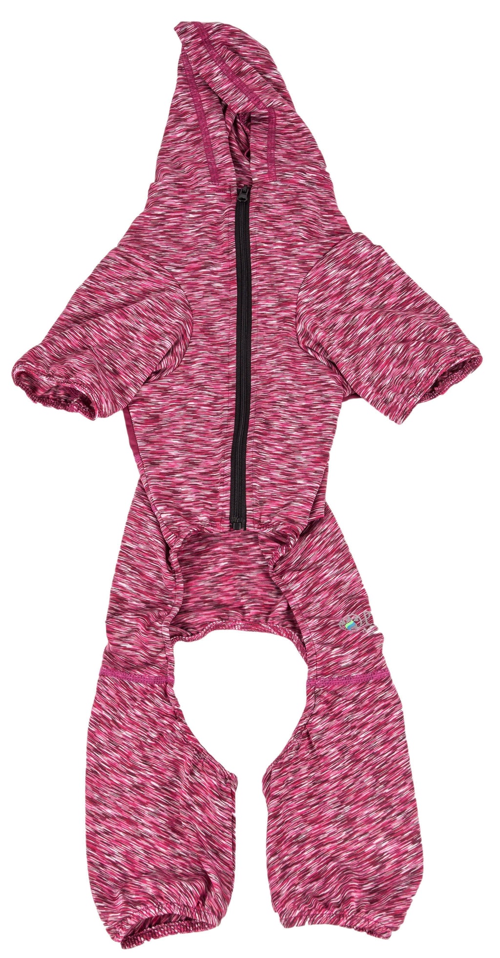 Burgundy dog yoga tracksuit hoodie with center seam and paw-leg openings