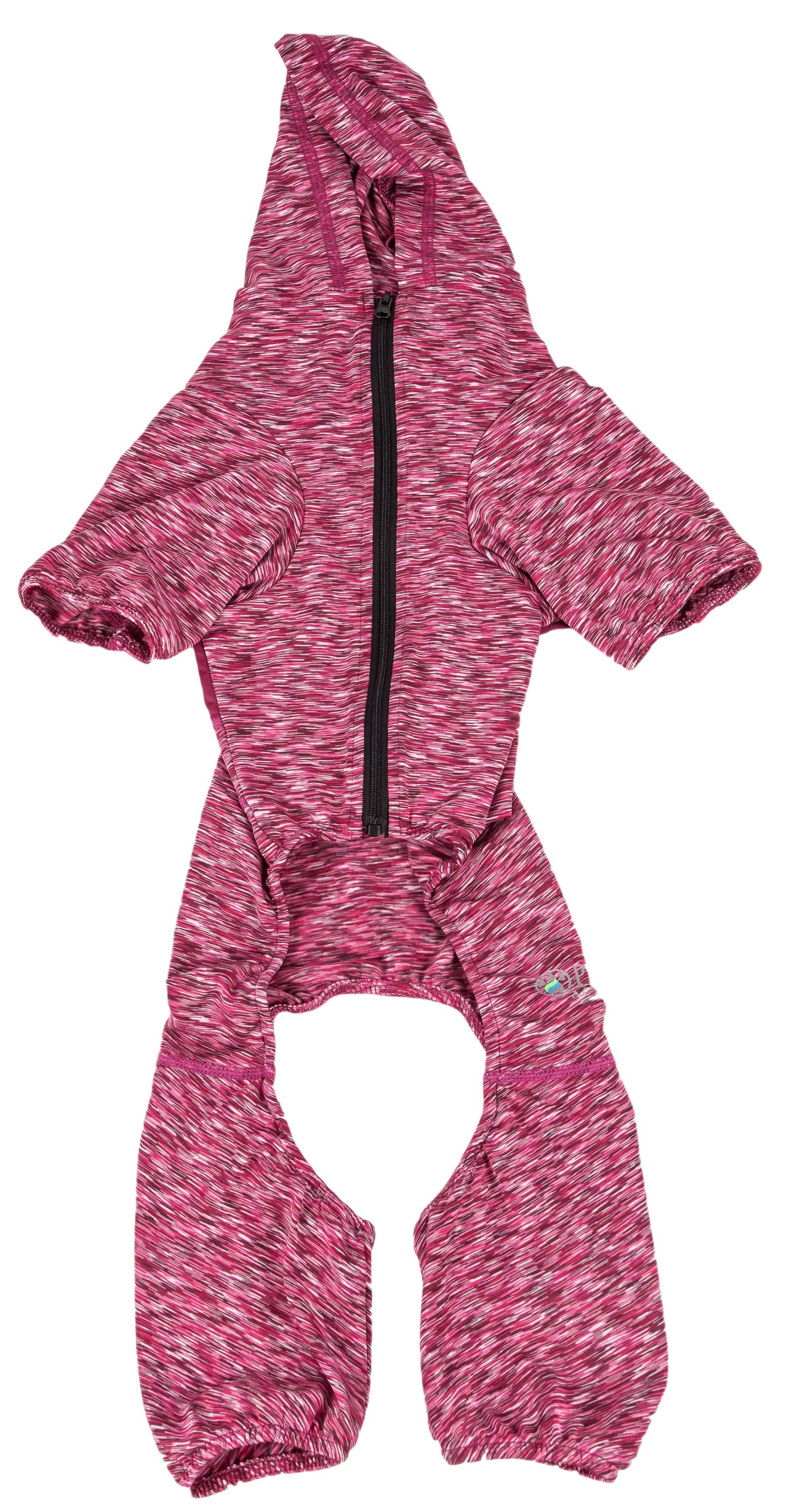 Burgundy dog yoga tracksuit hoodie with center seam and paw-leg openings