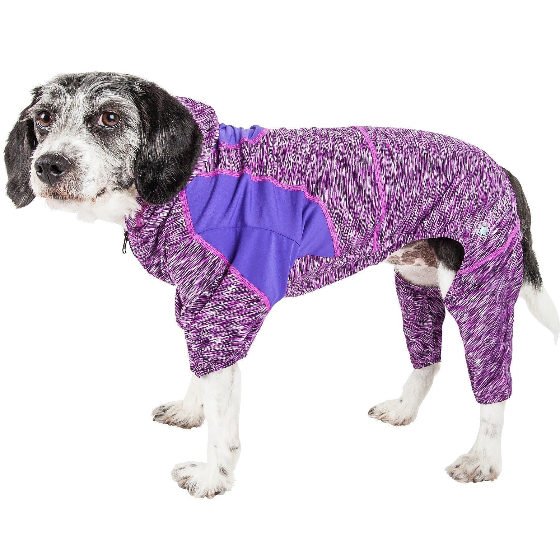 Dog yoga tracksuit hoodie in purple heather stripe with stretchy, comfortable fit