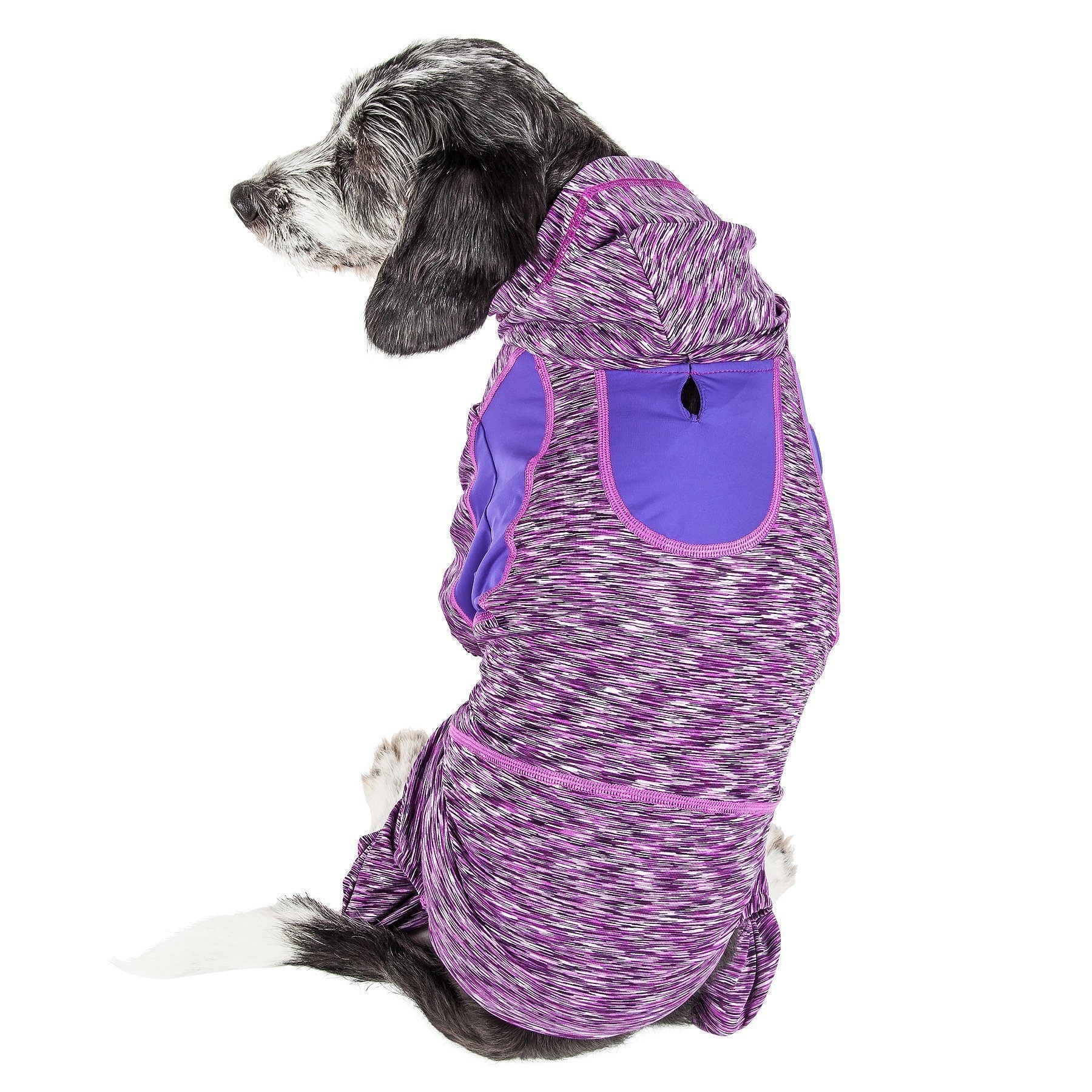 Purple dog yoga tracksuit hoodie with hood opening and front belly pouch