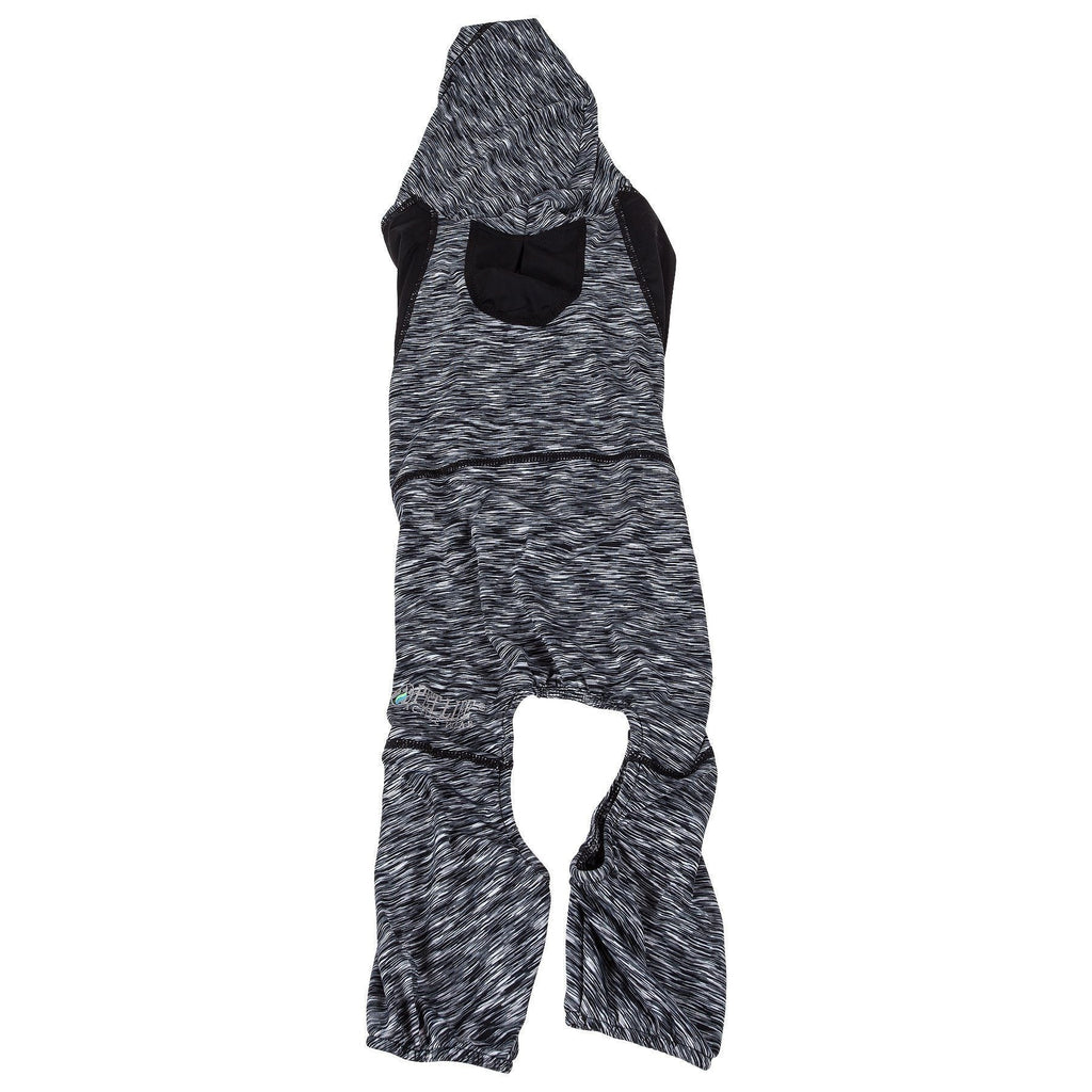 Black heather dog tracksuit hoodie with front pocket hood and paw cutout