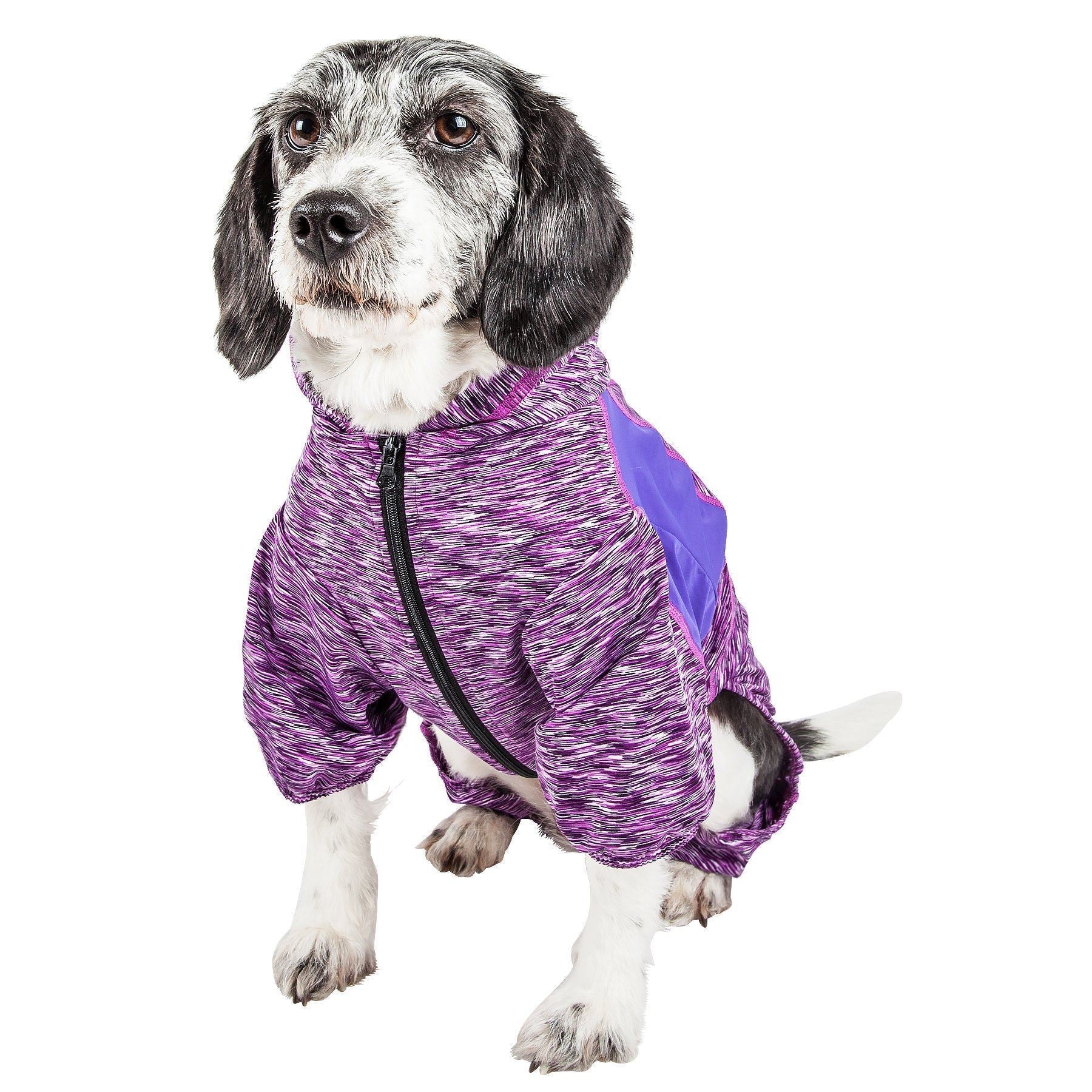 Purple heather zip-front dog yoga hoodie tracksuit with thumb-loop sleeves