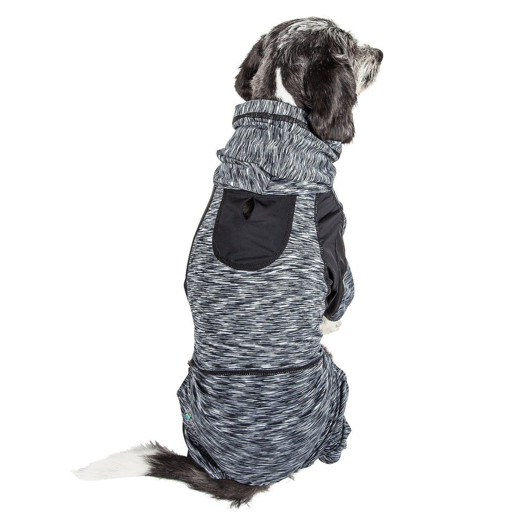 Black dog yoga tracksuit hoodie with front pouch and striped fabric