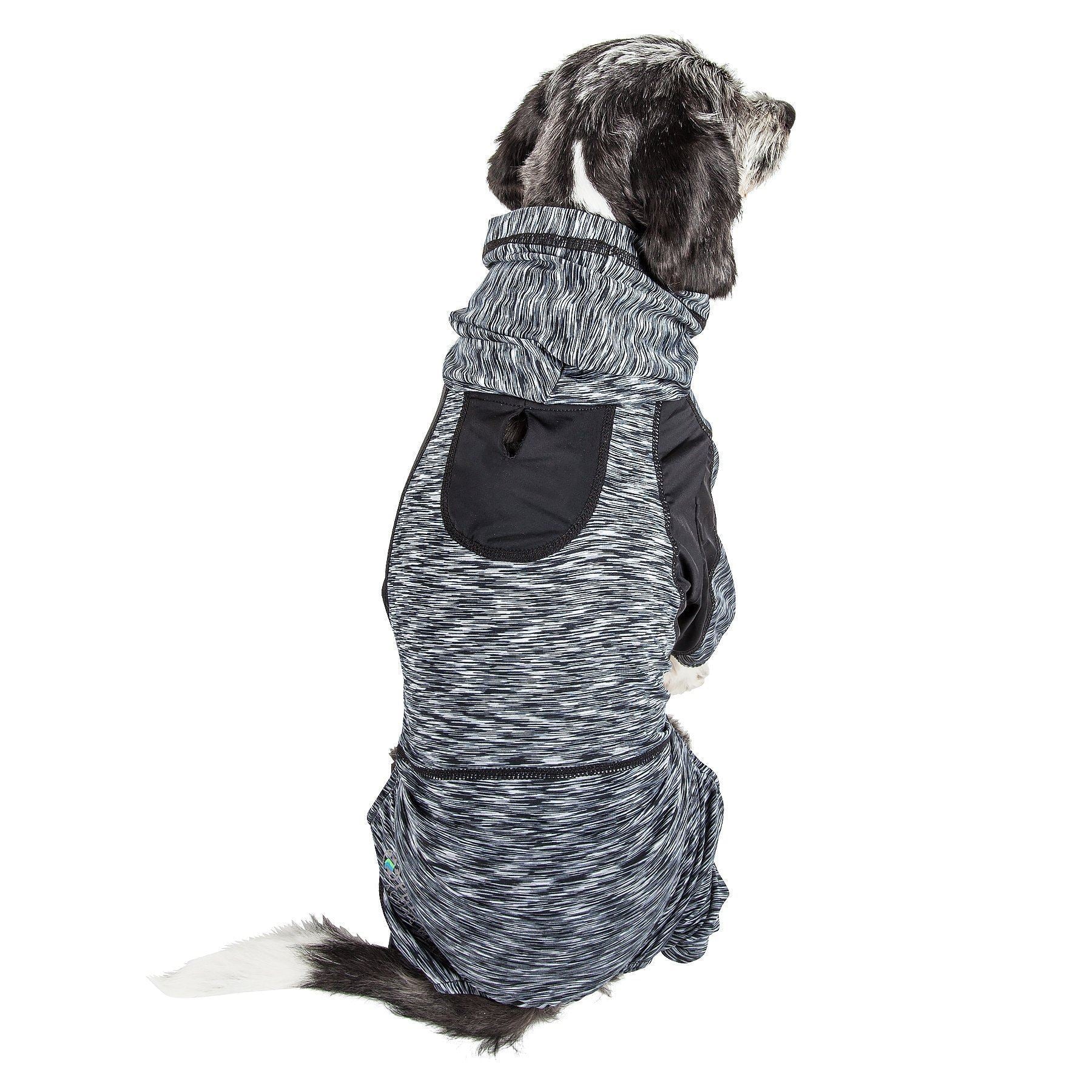 Black dog yoga tracksuit hoodie with front pouch and striped fabric