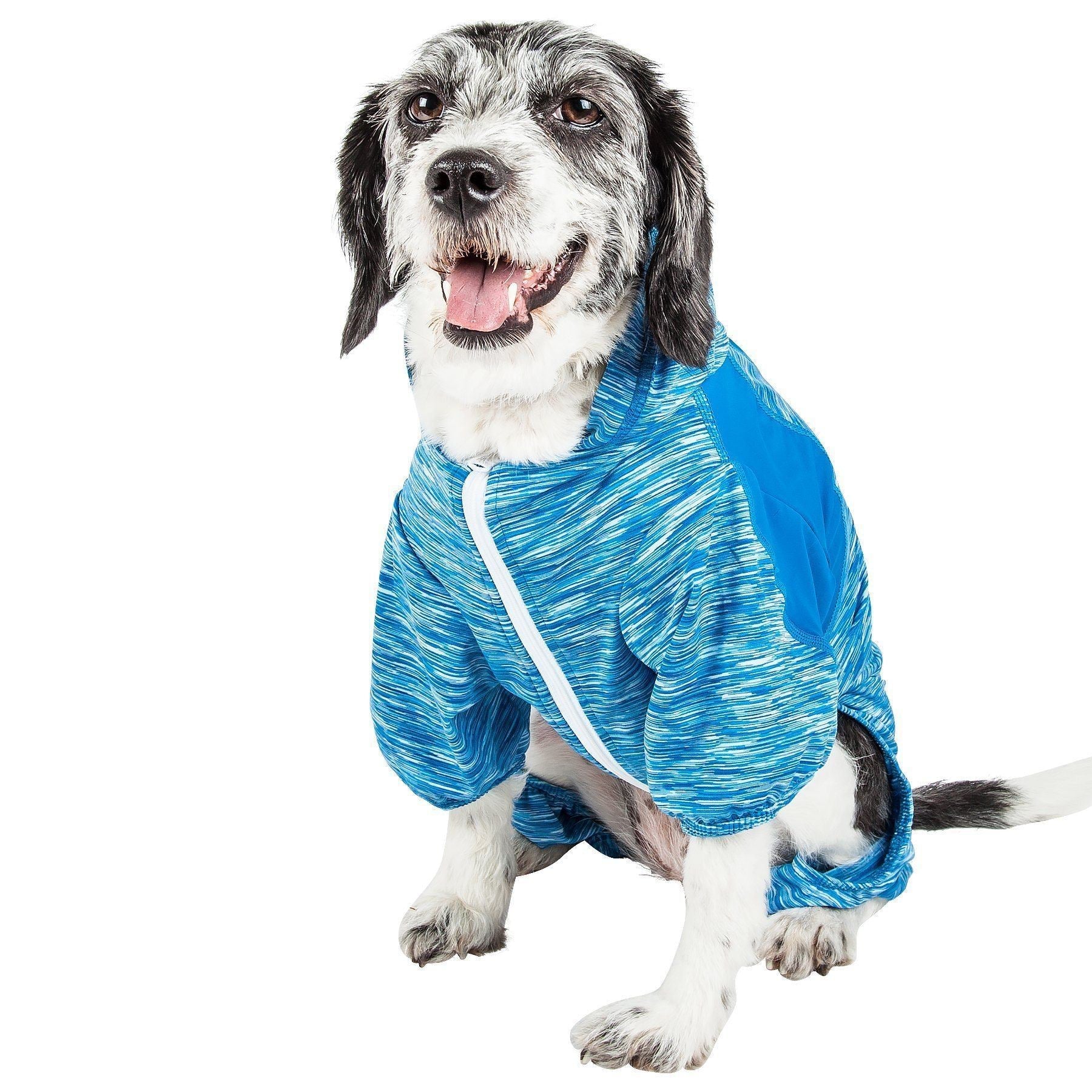 Blue heather zip-front dog yoga hoodie tracksuit with white zip trim