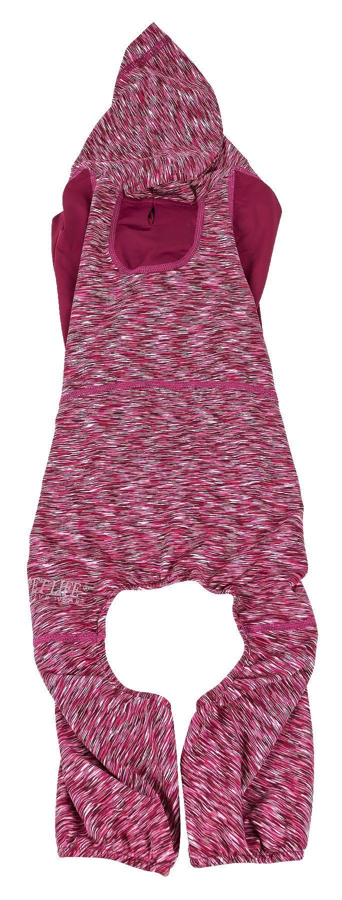 Burgundy dog yoga tracksuit hoodie with hood and belly pouch, paw-leg openings
