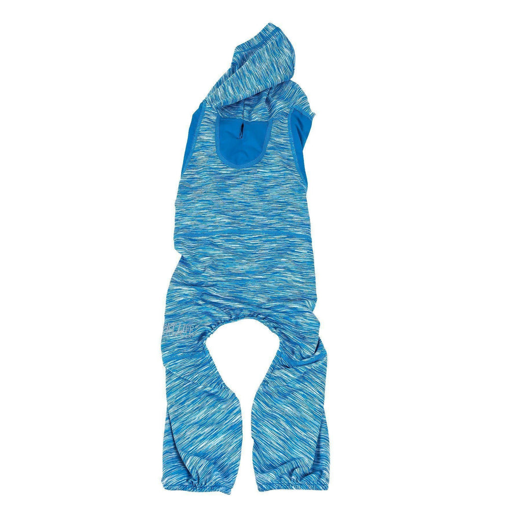 Blue heather dog tracksuit hoodie with hood pocket and front paw cutout opening