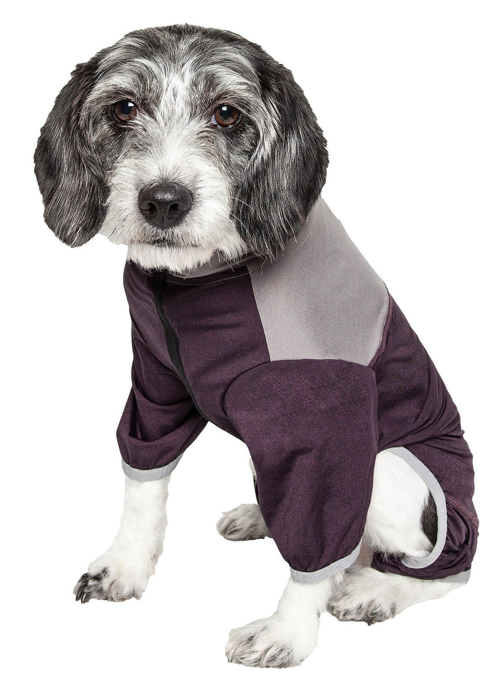 Burgundy 4-way stretch dog yoga tracksuit with full-body hood and zipper