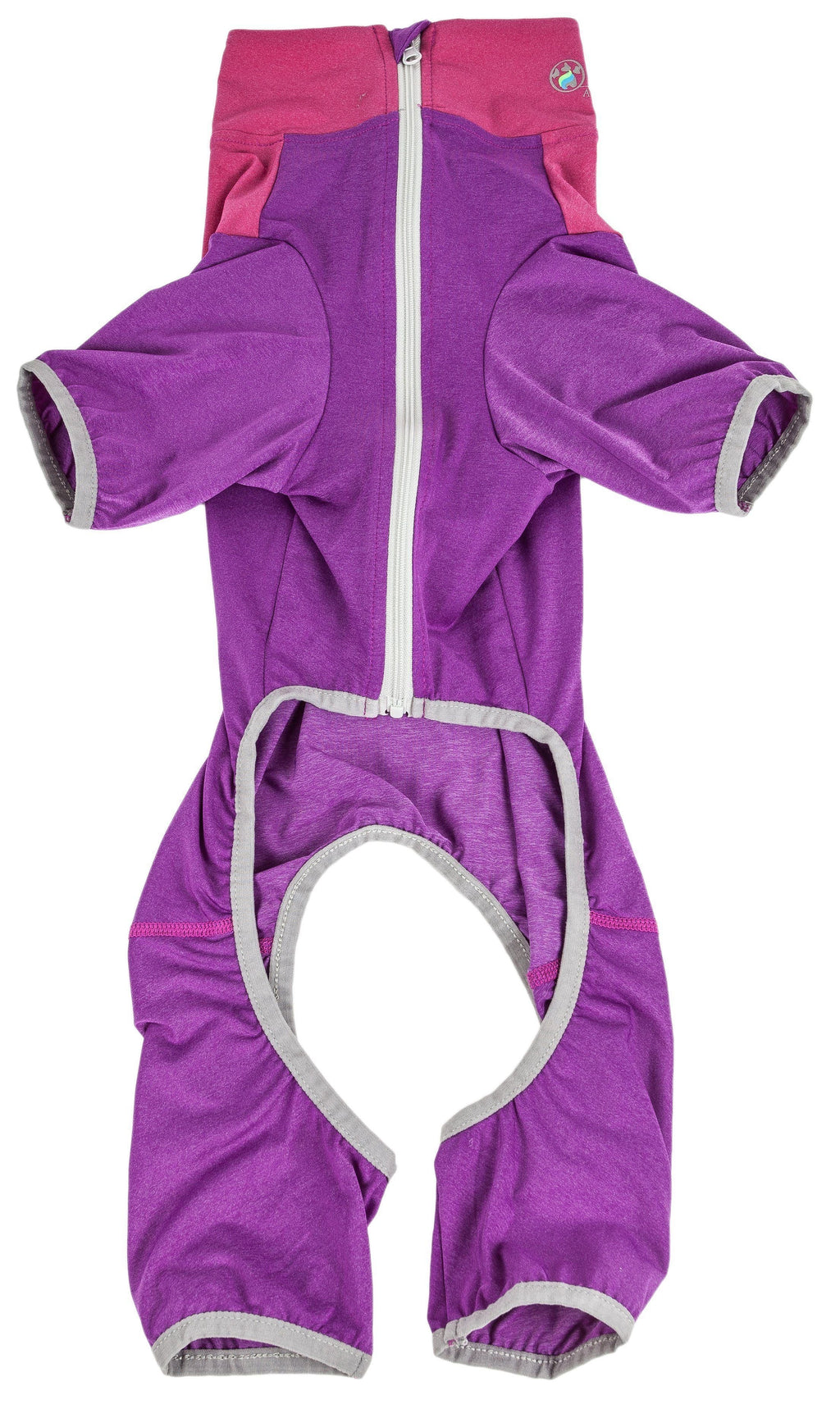 Purple full-body dog tracksuit with hood, front zipper, and paw openings