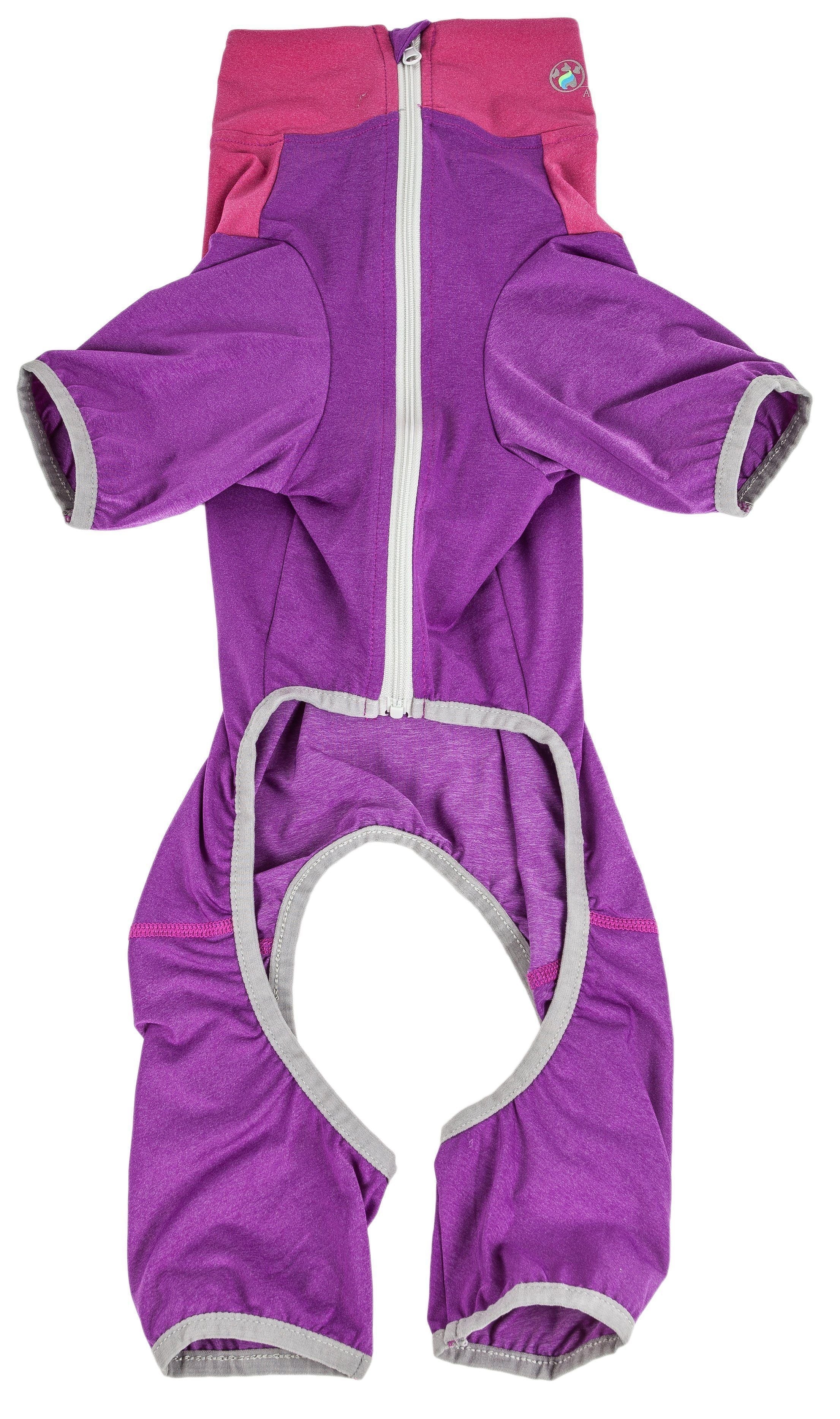 Purple full-body dog tracksuit with hood, front zipper, and paw openings