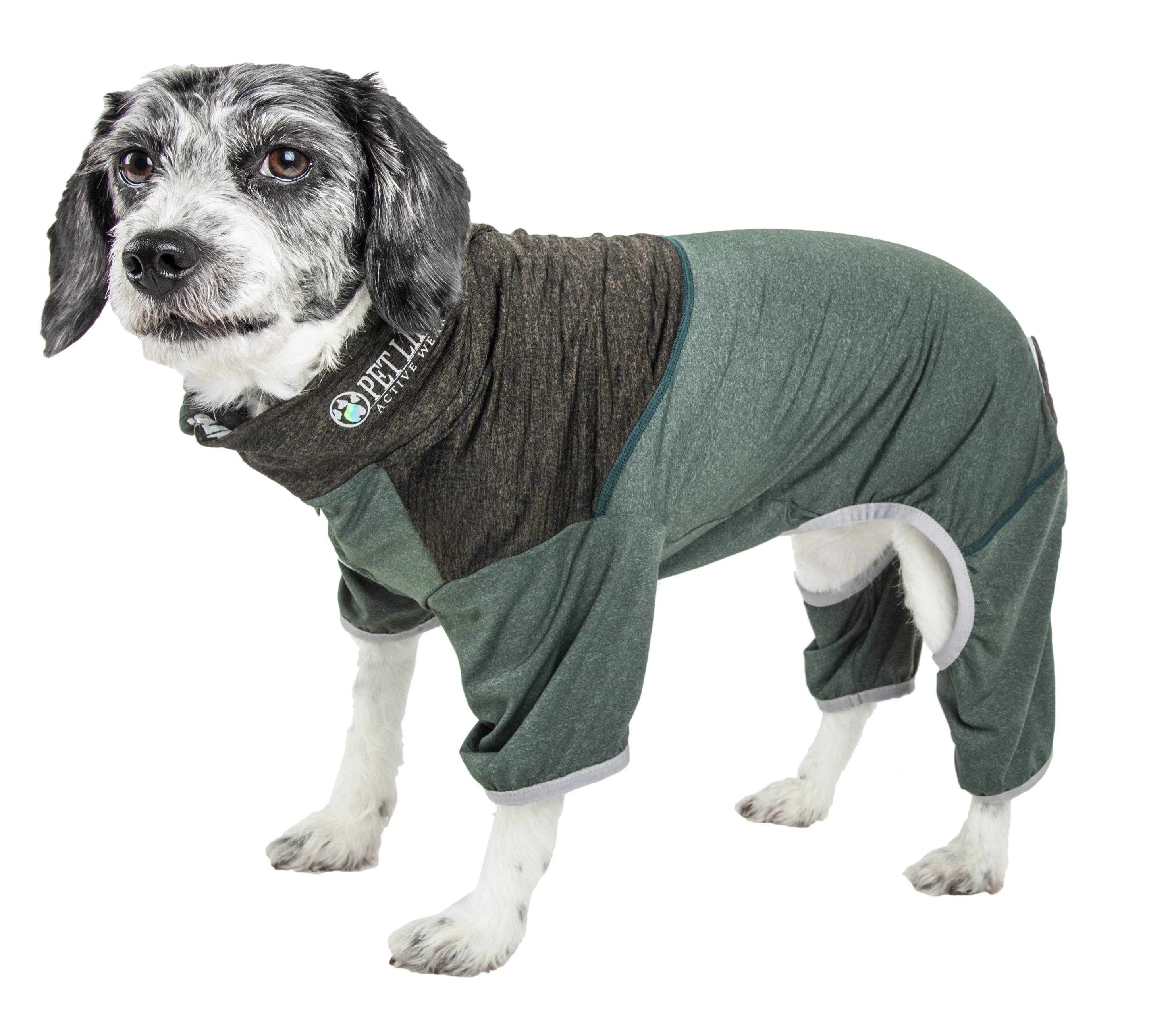 Hunter green 4-way stretch dog tracksuit with paw-access leg openings