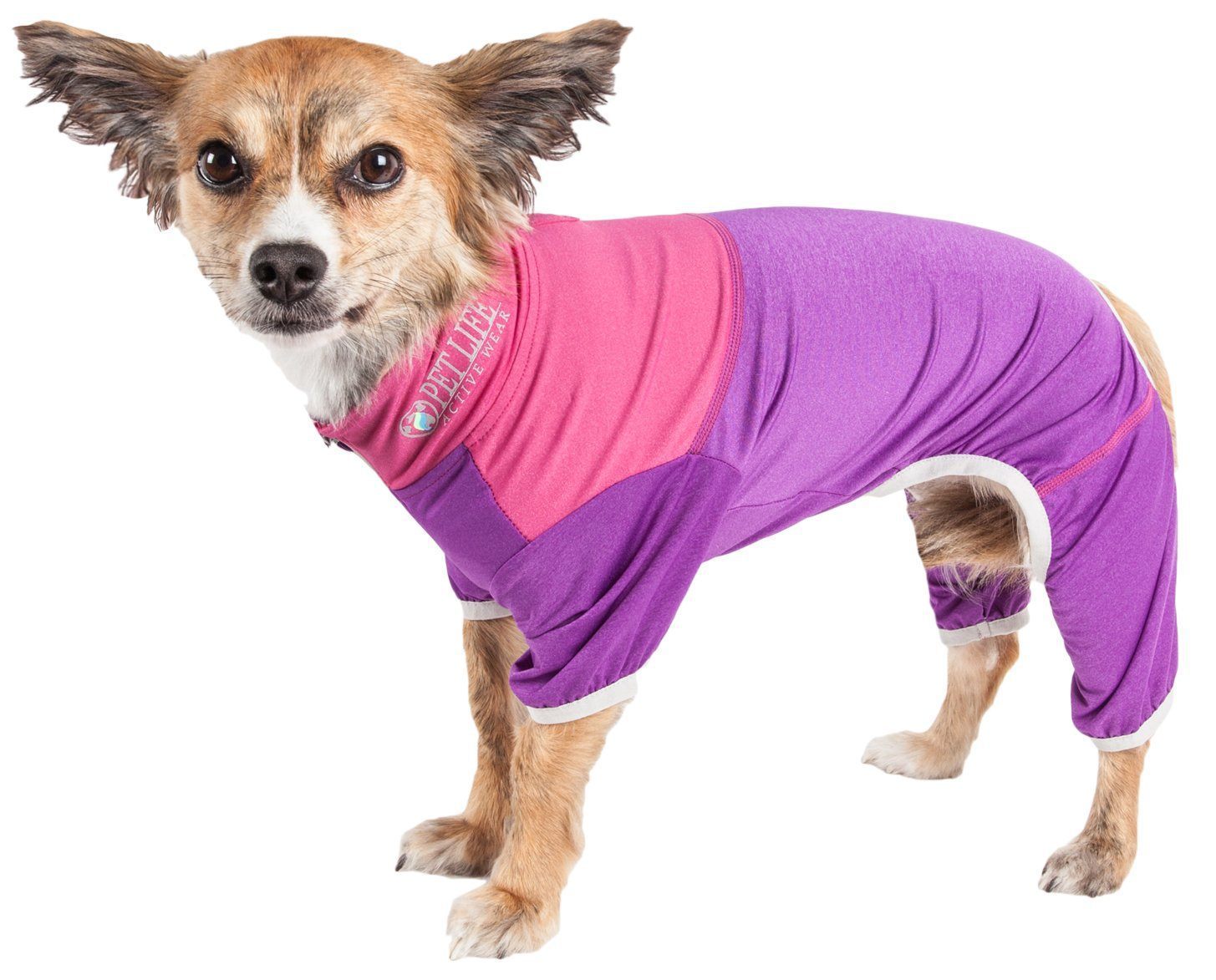 Lavender & pink 4-way stretch dog tracksuit with paw-access leg openings